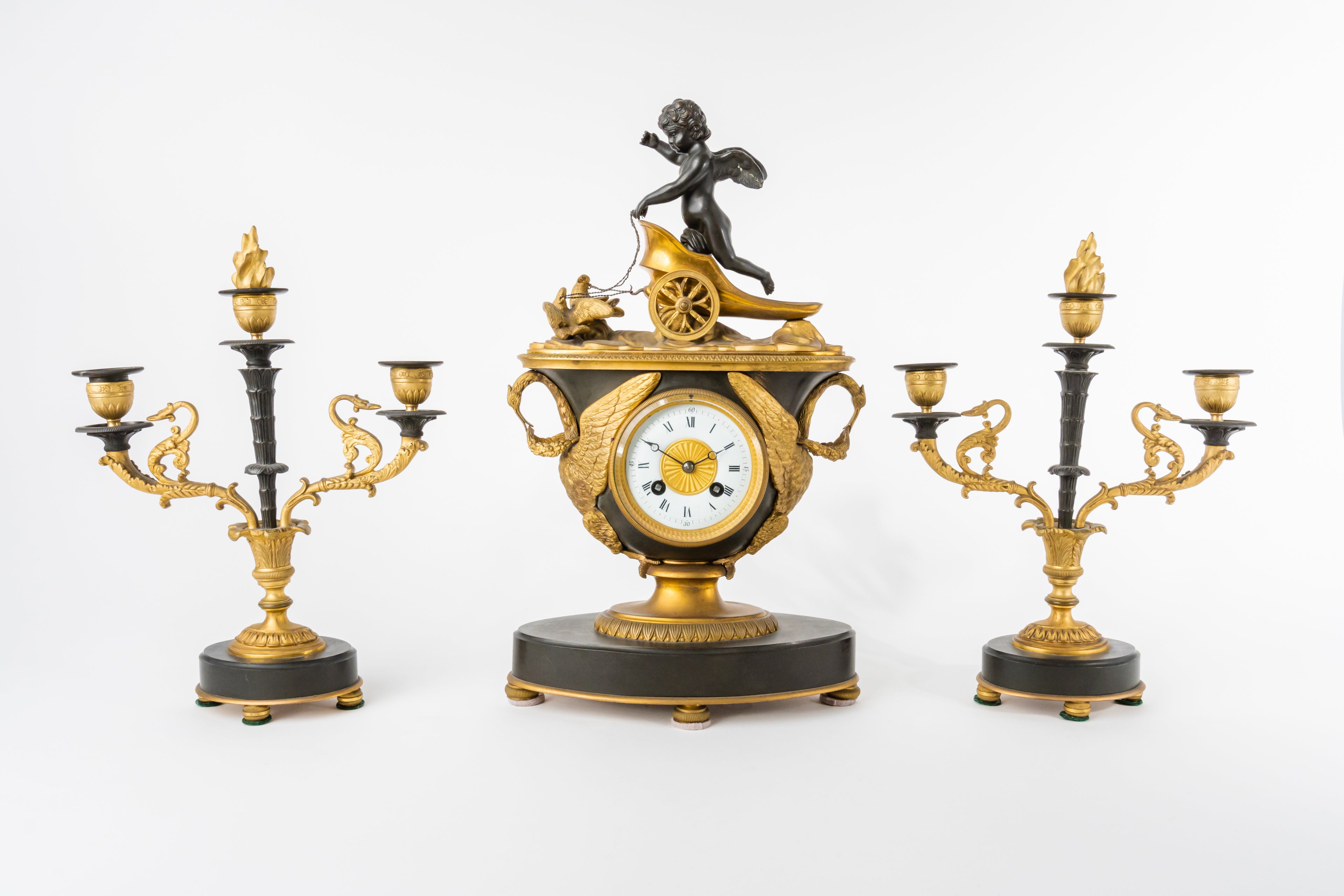 Early 19th C Patinated & Ormolu Empire Striking Mantel Clock Set Pendule Au Vase