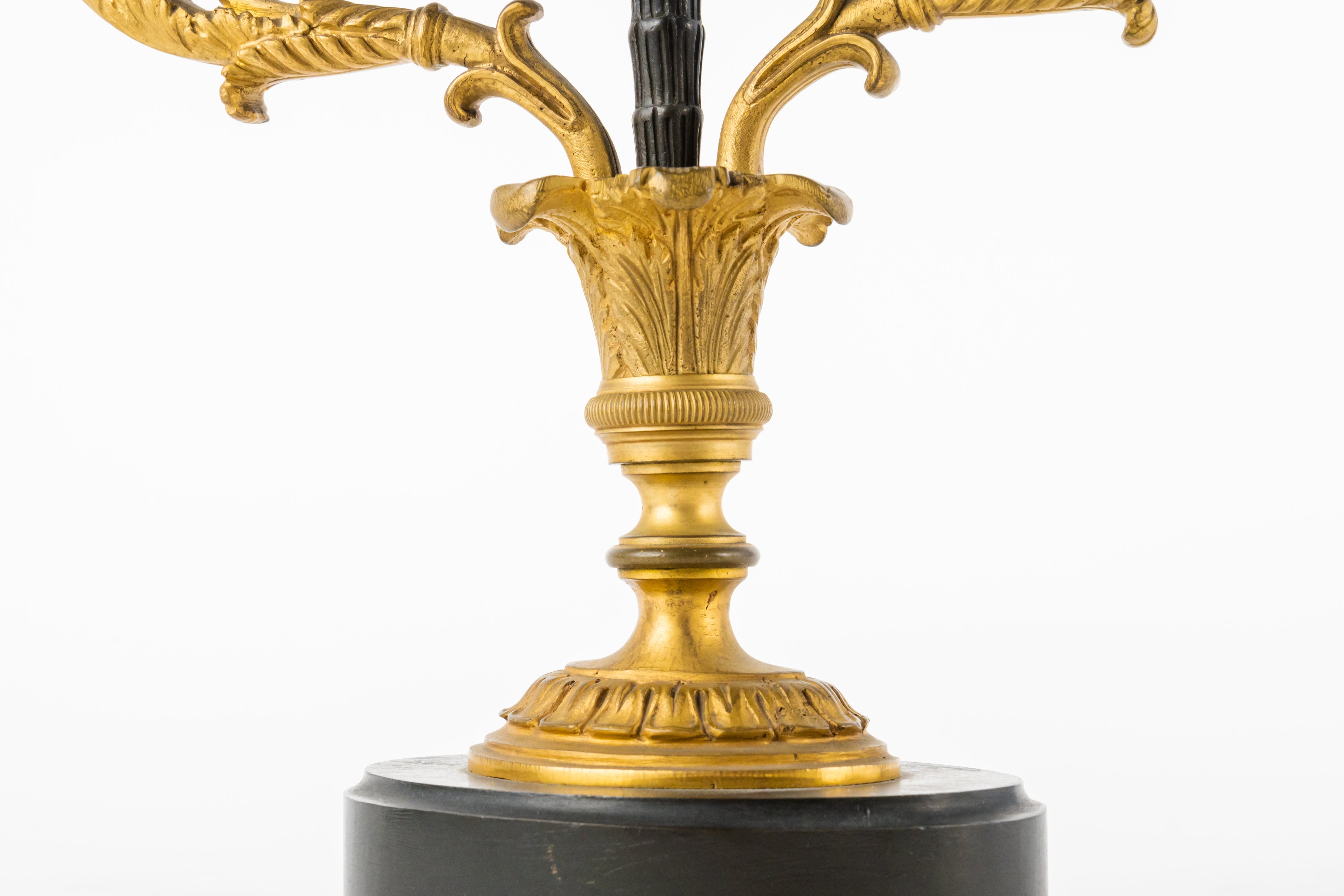 Early 19th C Patinated & Ormolu Empire Striking Mantel Clock Set Pendule Au Vase