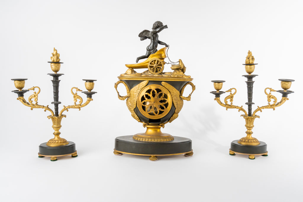 Early 19th C Patinated & Ormolu Empire Striking Mantel Clock Set Pendule Au Vase