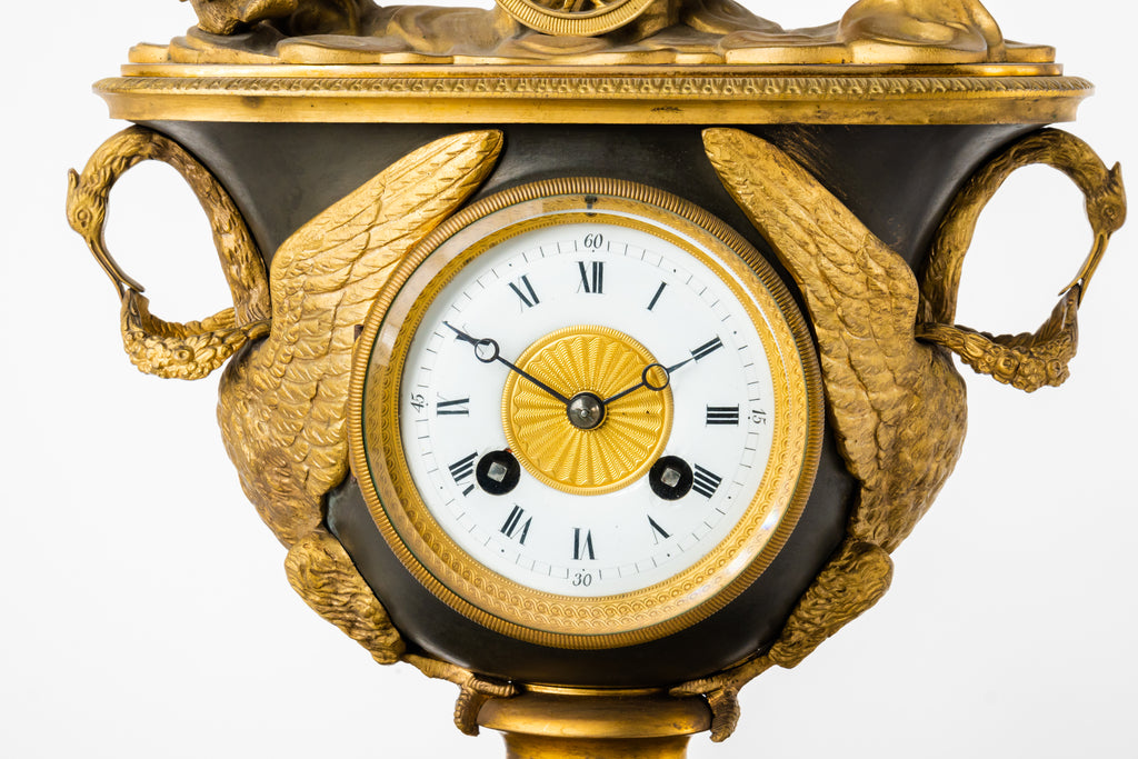 Early 19th C Patinated & Ormolu Empire Striking Mantel Clock Set Pendule Au Vase