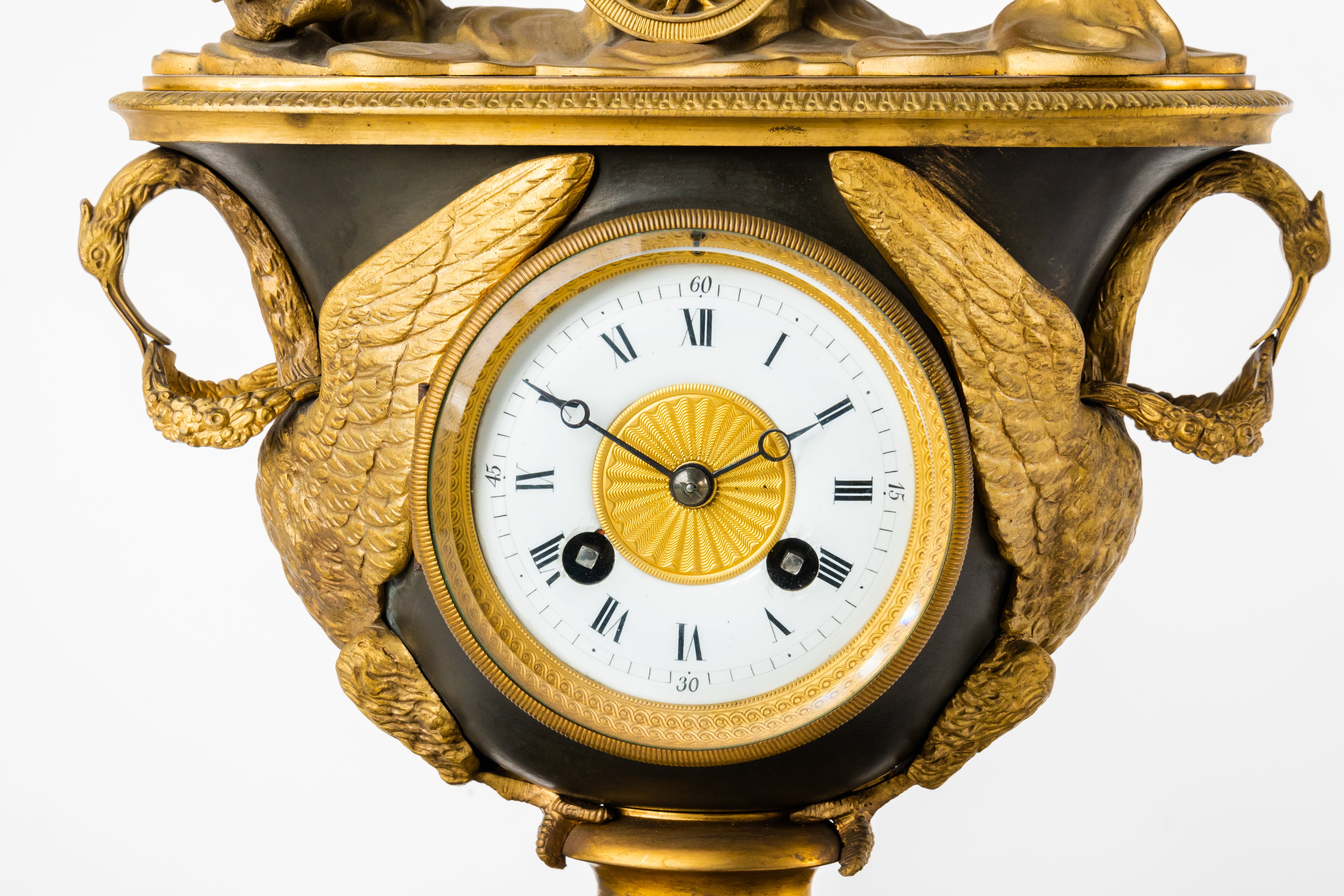 Early 19th C Patinated & Ormolu Empire Striking Mantel Clock Set Pendule Au Vase
