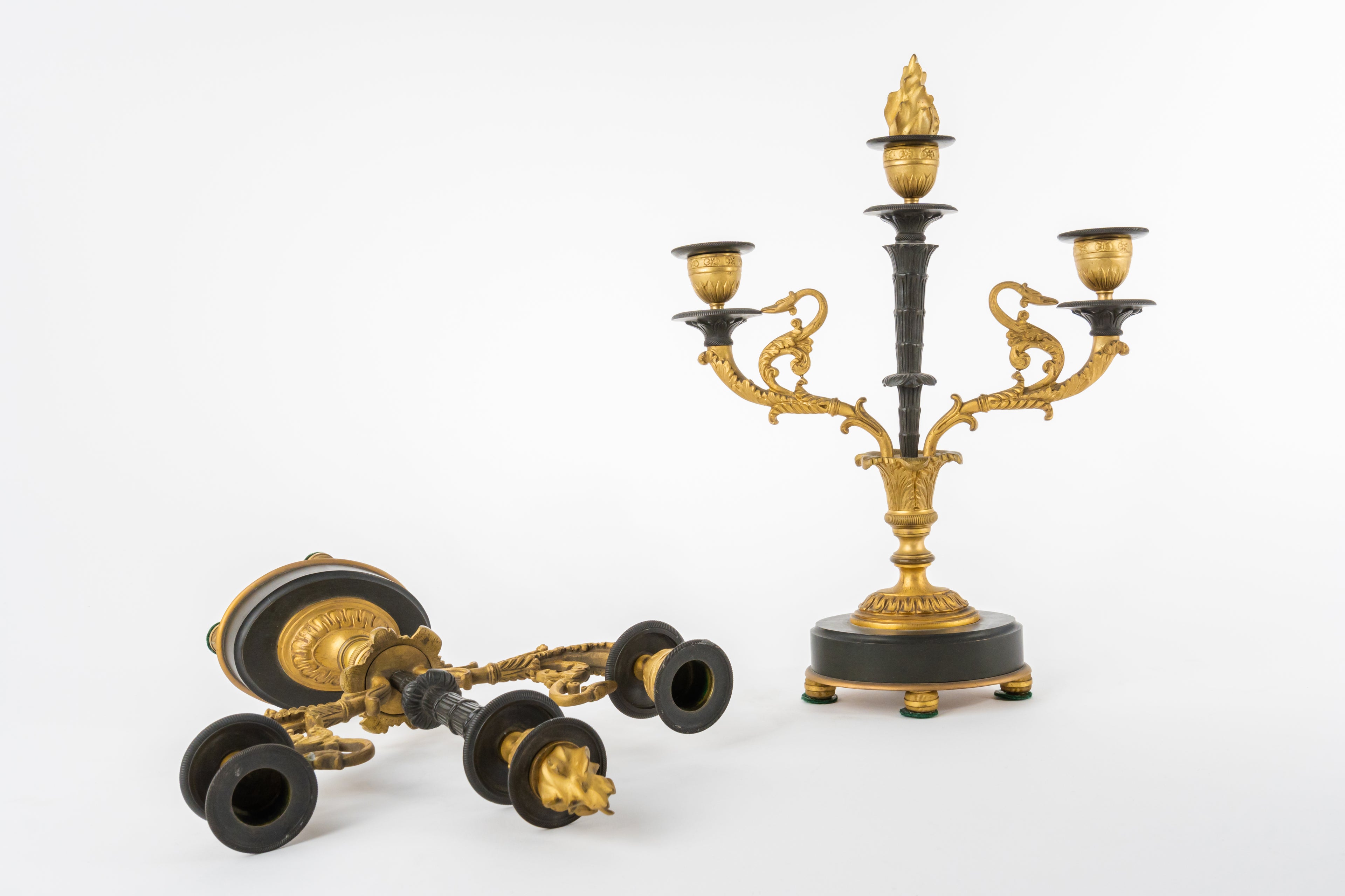 Early 19th C Patinated & Ormolu Empire Striking Mantel Clock Set Pendule Au Vase