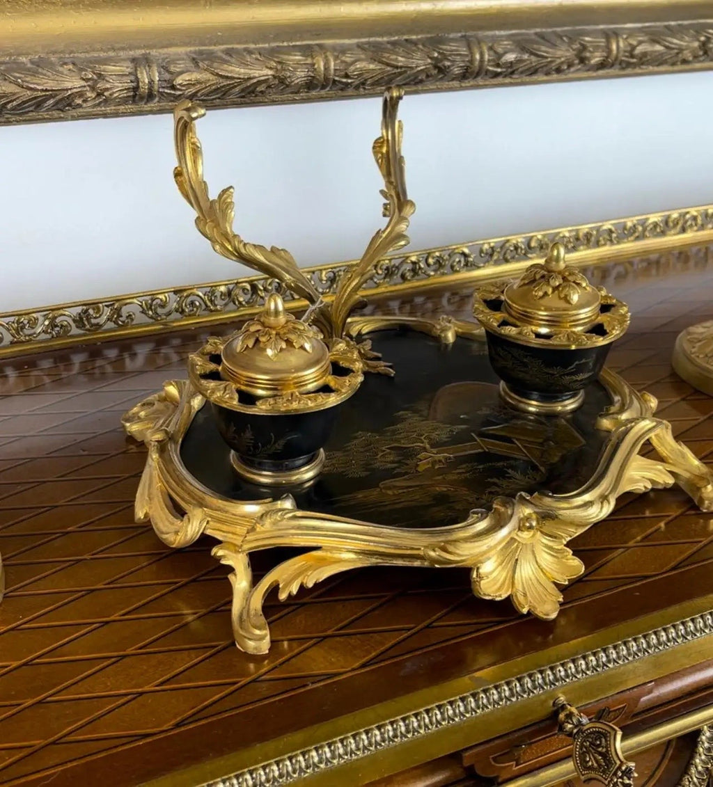 French Ormolu Mounted Japanese Lacquer Inkwell, Attributed, Maison Millet