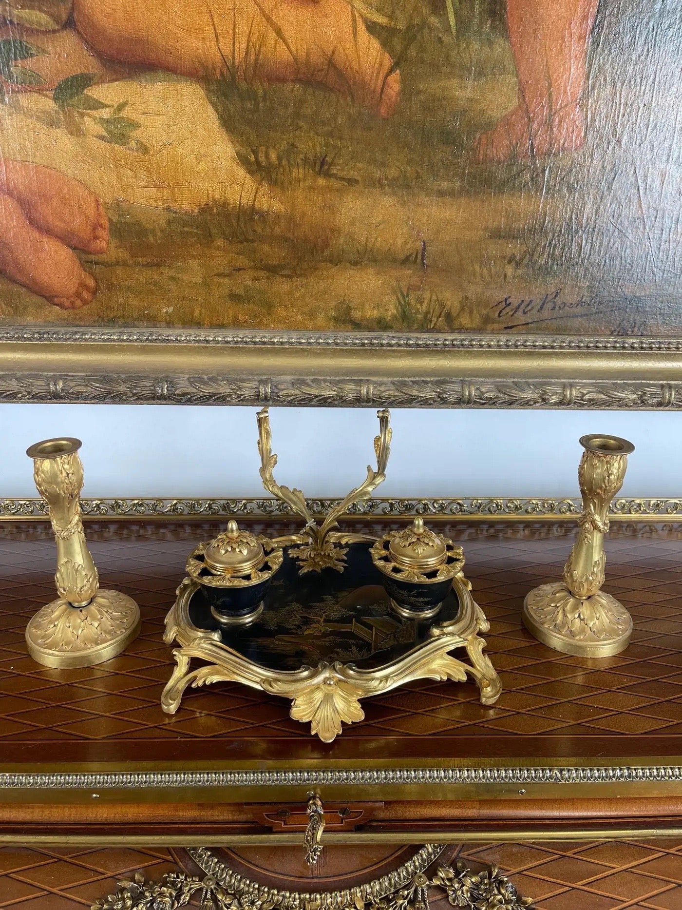 French Ormolu Mounted Japanese Lacquer Inkwell, Attributed, Maison Millet