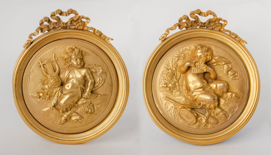 Pair Of French Gilt Bronze Round Figural Wall Plaques, France, 19th Century