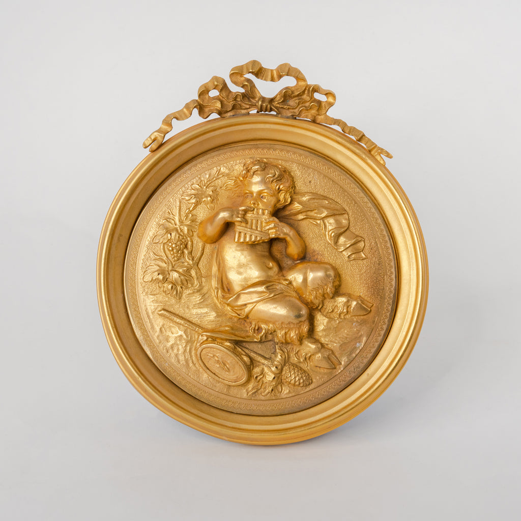 Pair Of French Gilt Bronze Round Figural Wall Plaques, France, 19th Century