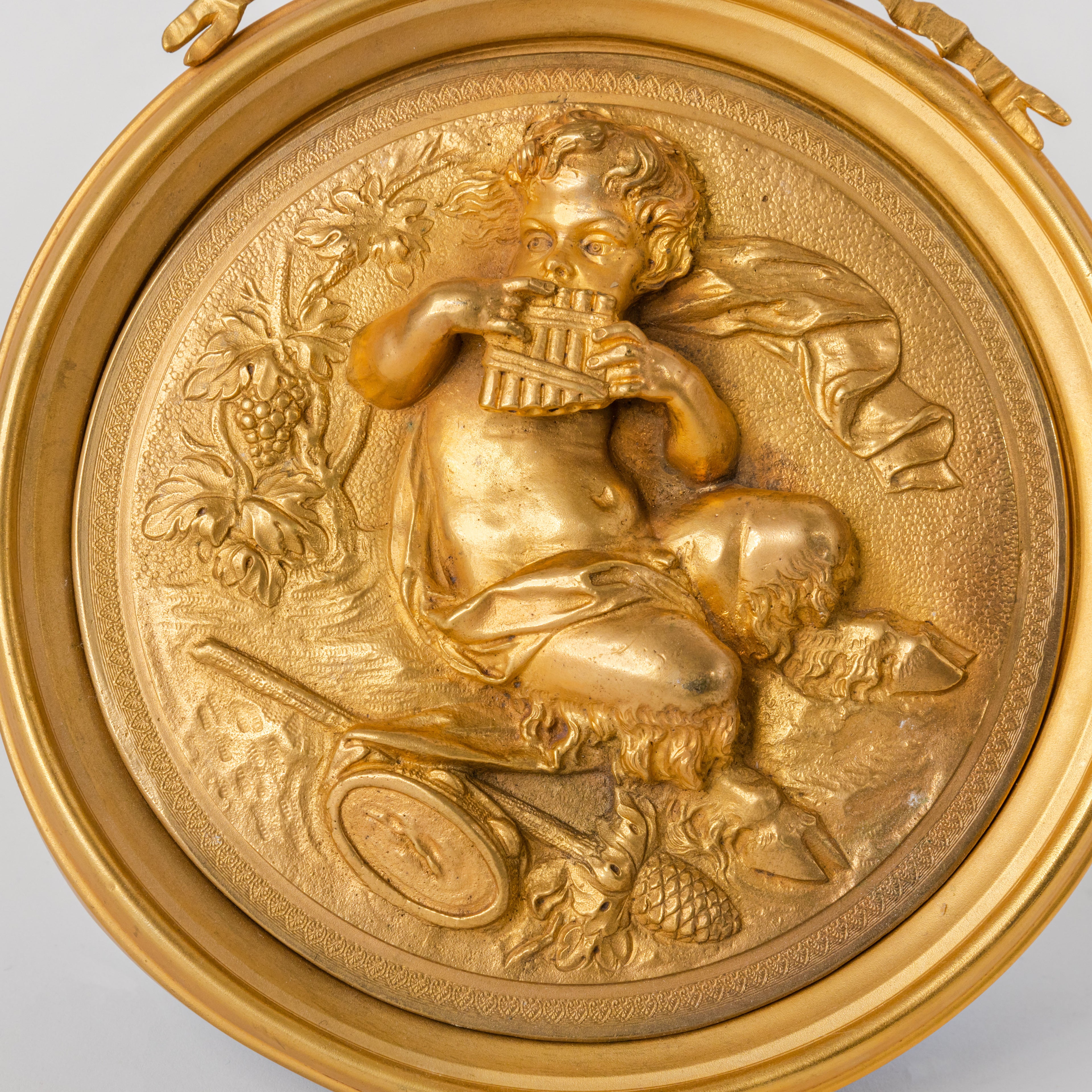 Pair Of French Gilt Bronze Round Figural Wall Plaques, France, 19th Century