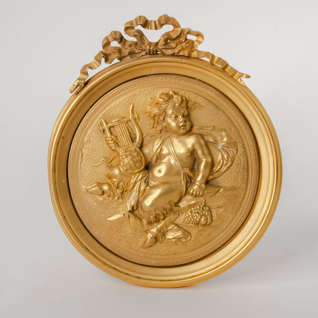 Pair Of French Gilt Bronze Round Figural Wall Plaques, France, 19th Century