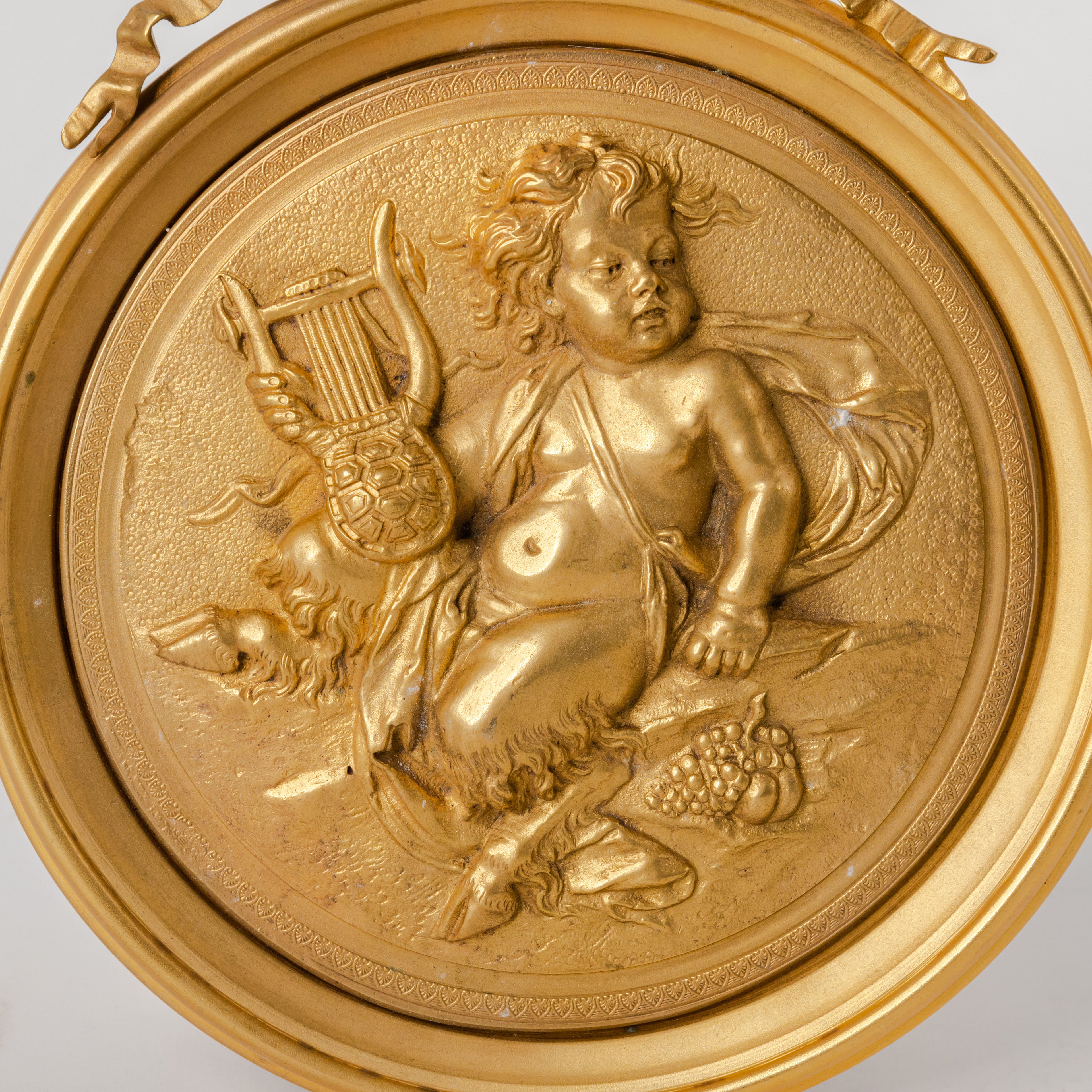 Pair Of French Gilt Bronze Round Figural Wall Plaques, France, 19th Century