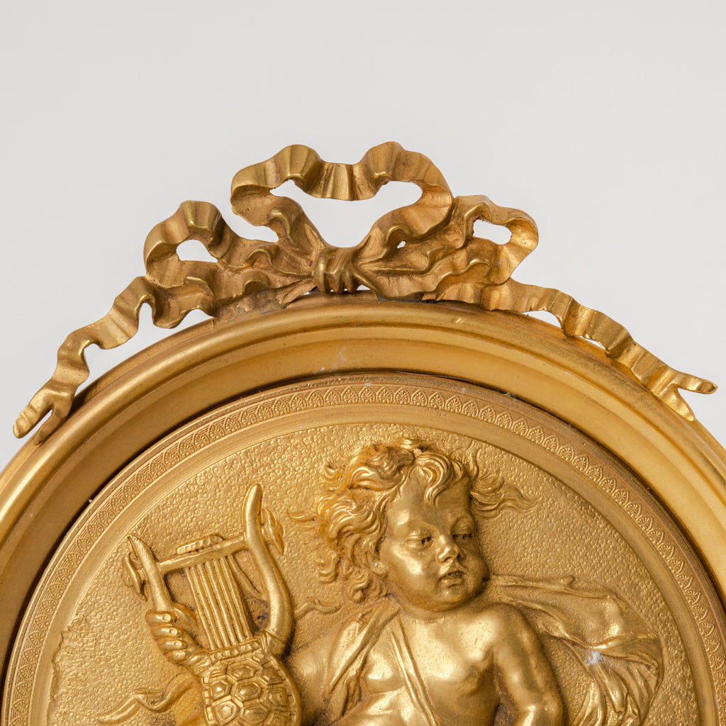 Pair Of French Gilt Bronze Round Figural Wall Plaques, France, 19th Century
