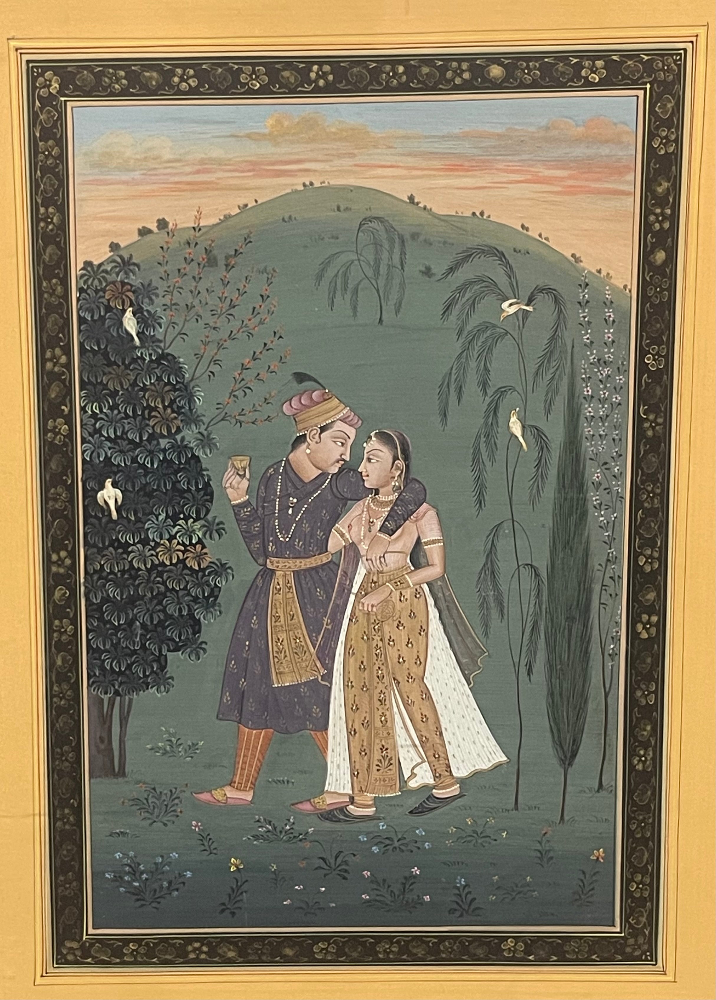 An Indian Watercolor on Paper Painting of a Loving Couple