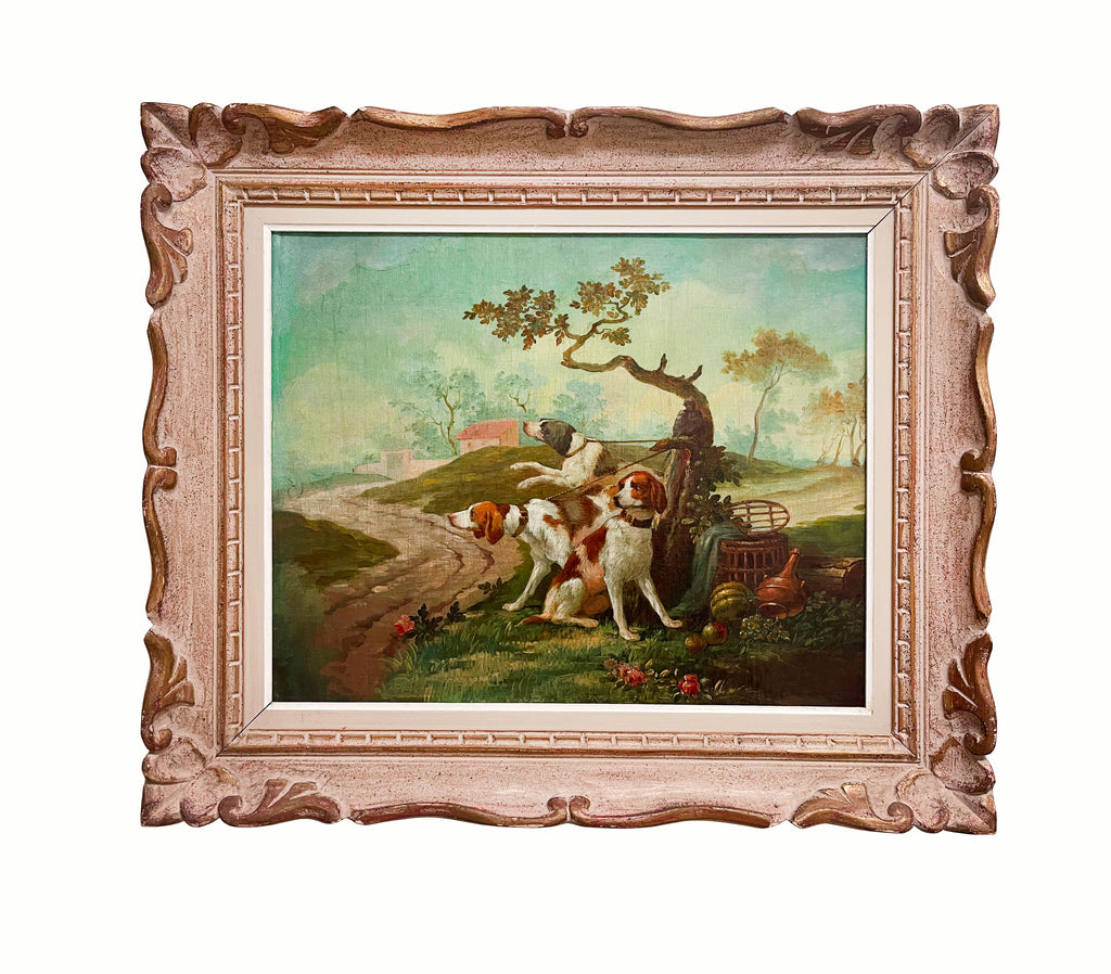 Oil On Canvas Painting Of Leashed Hounds Tied To A Tree, France, 18th Century