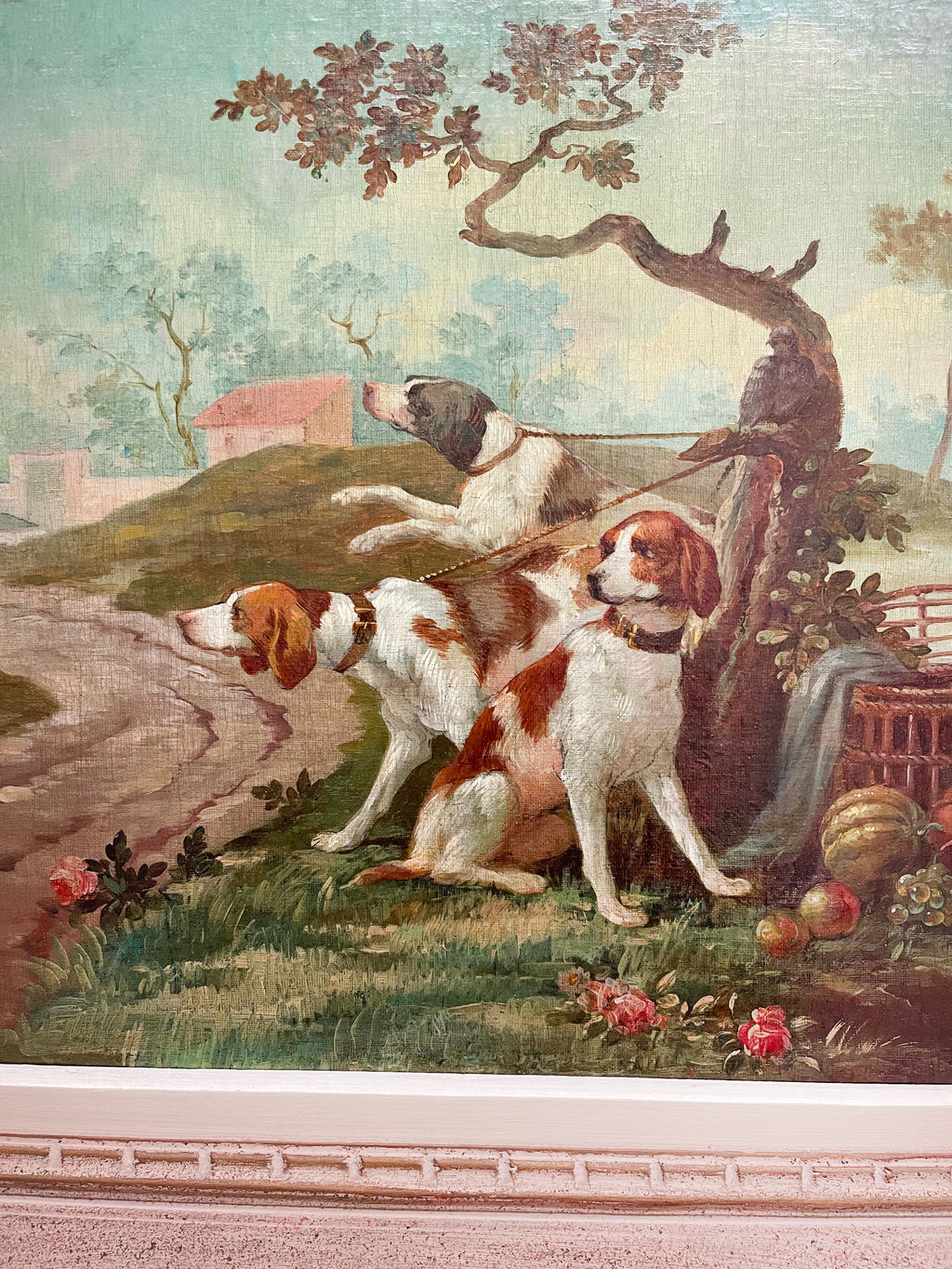 Oil On Canvas Painting Of Leashed Hounds Tied To A Tree, France, 18th Century