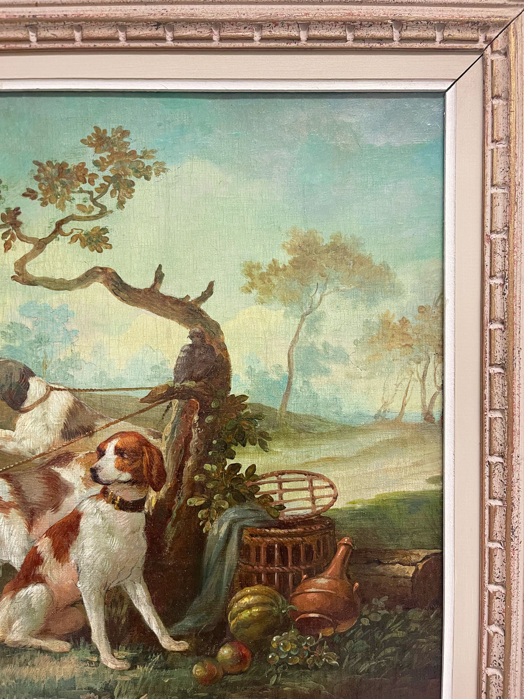 Oil On Canvas Painting Of Leashed Hounds Tied To A Tree, France, 18th Century