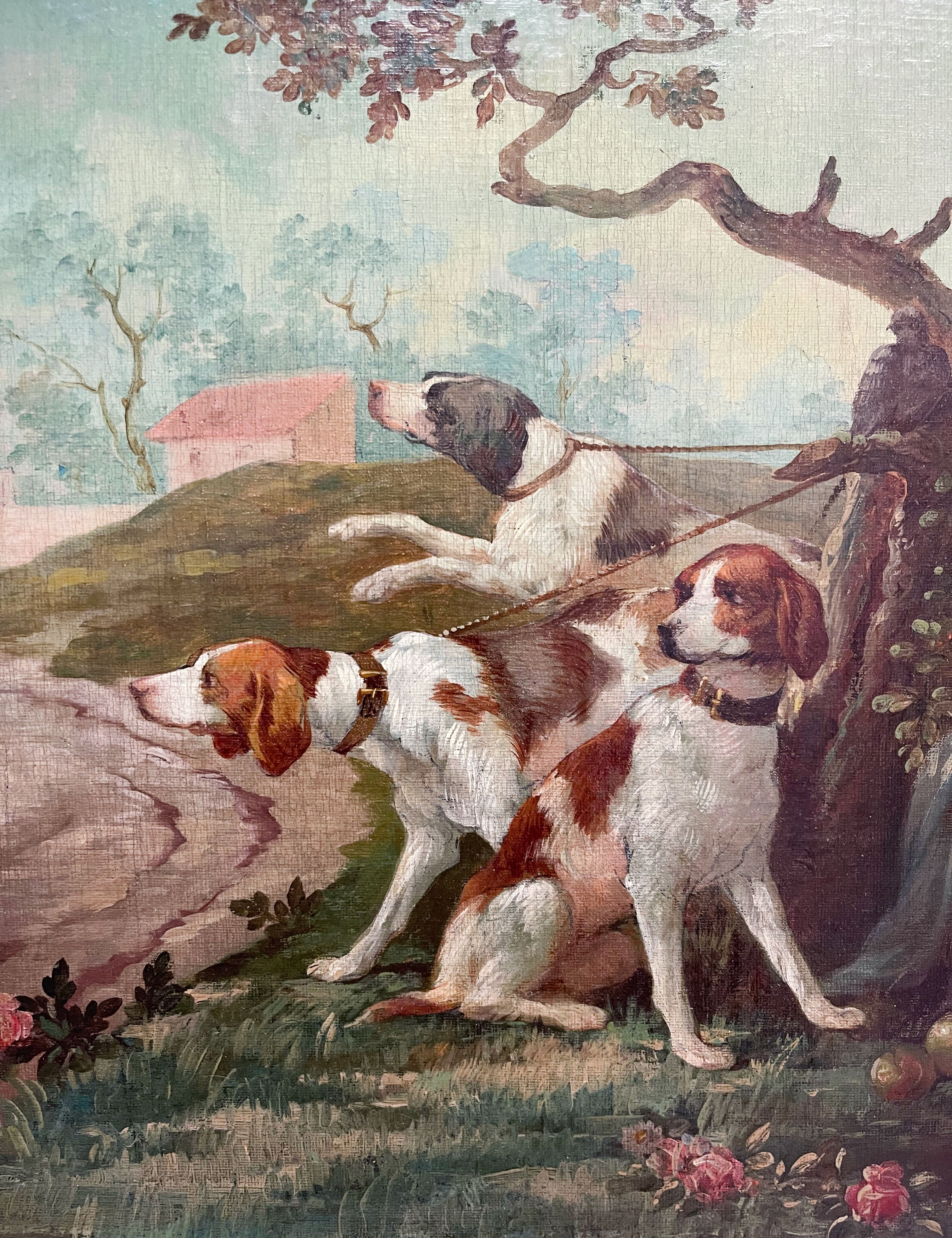 Oil On Canvas Painting Of Leashed Hounds Tied To A Tree, France, 18th Century