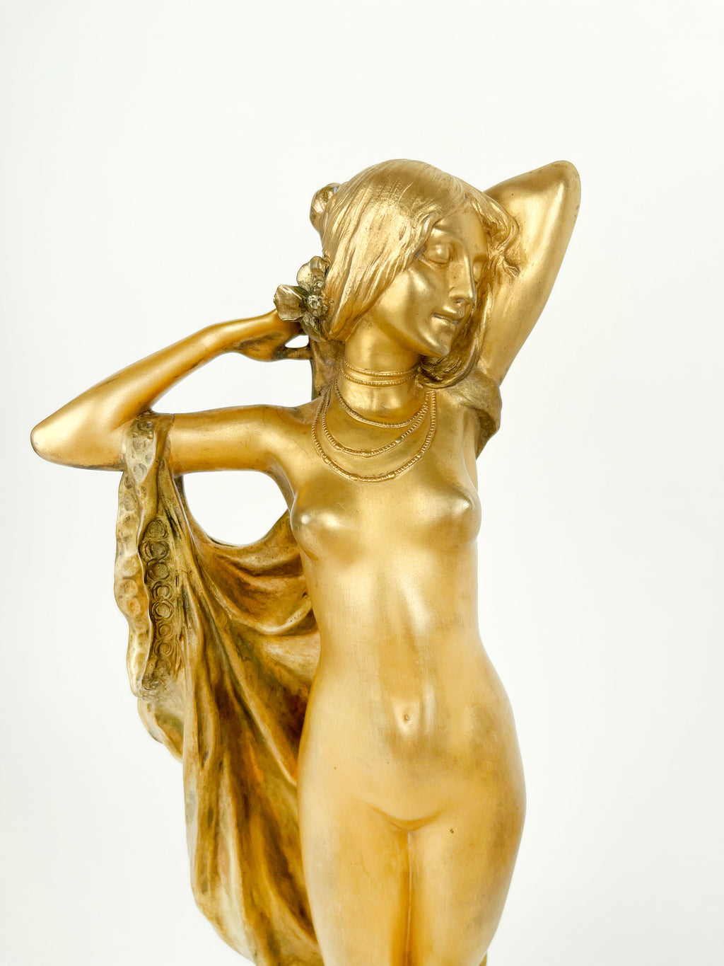 Pair of Gilt Bronze & Marble Semi Nude Sculptures by Rudolf Podany, France, 1910
