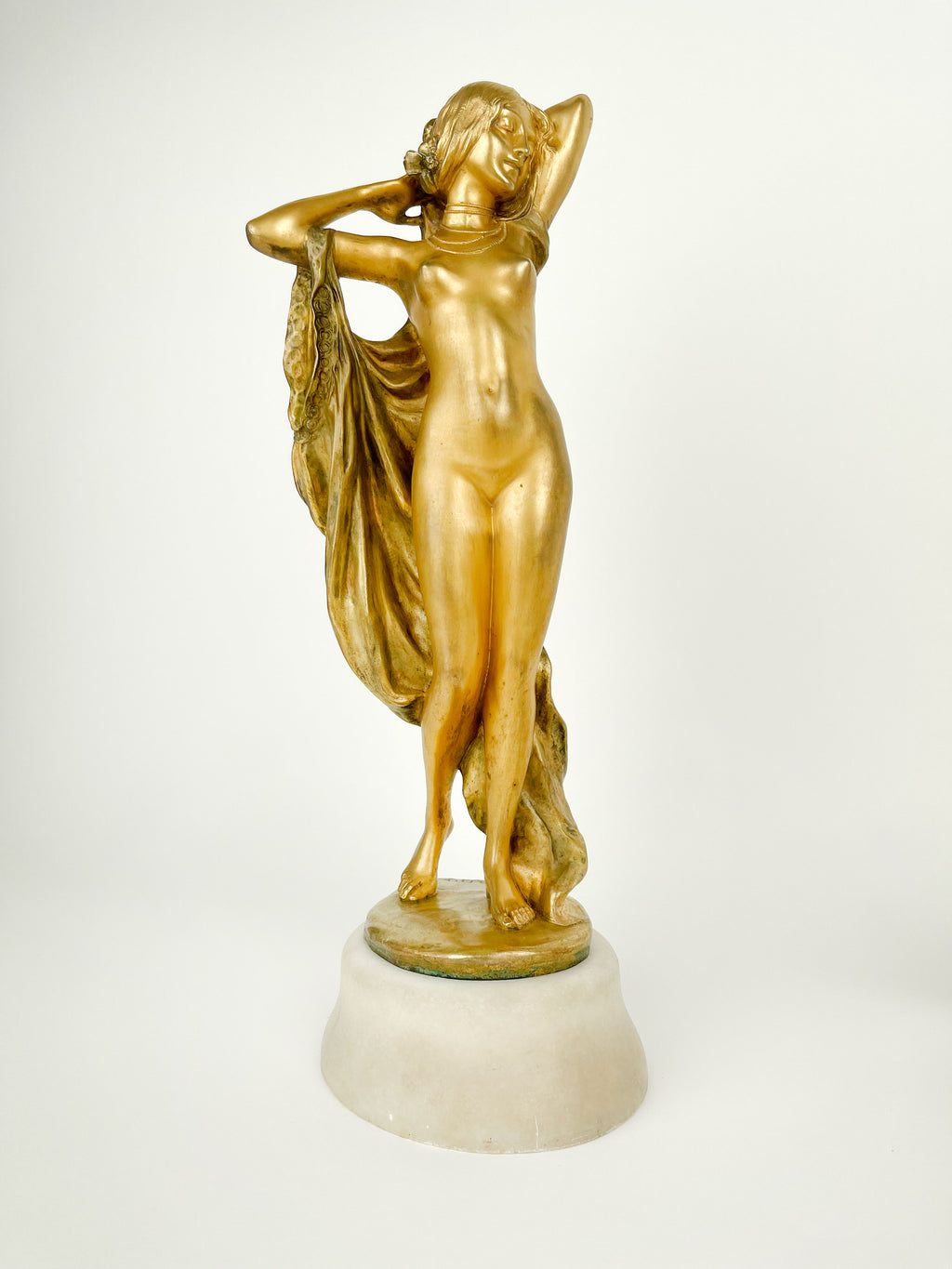 Pair of Gilt Bronze & Marble Semi Nude Sculptures by Rudolf Podany, France, 1910