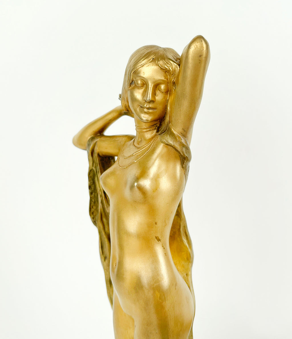 Pair of Gilt Bronze & Marble Semi Nude Sculptures by Rudolf Podany, France, 1910