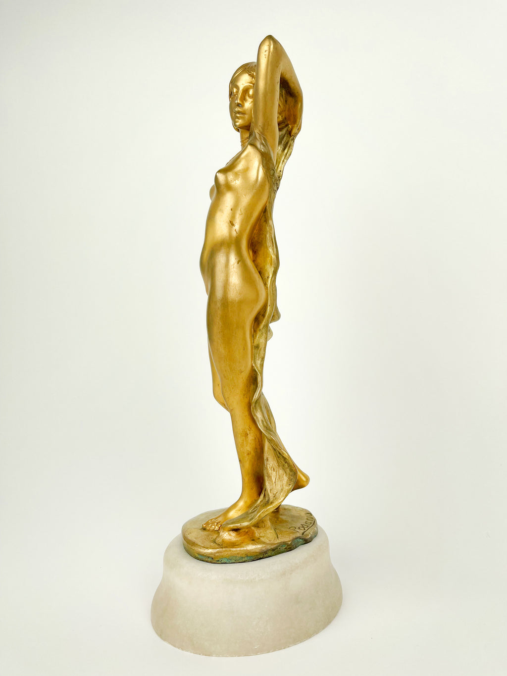 Pair of Gilt Bronze & Marble Semi Nude Sculptures by Rudolf Podany, France, 1910