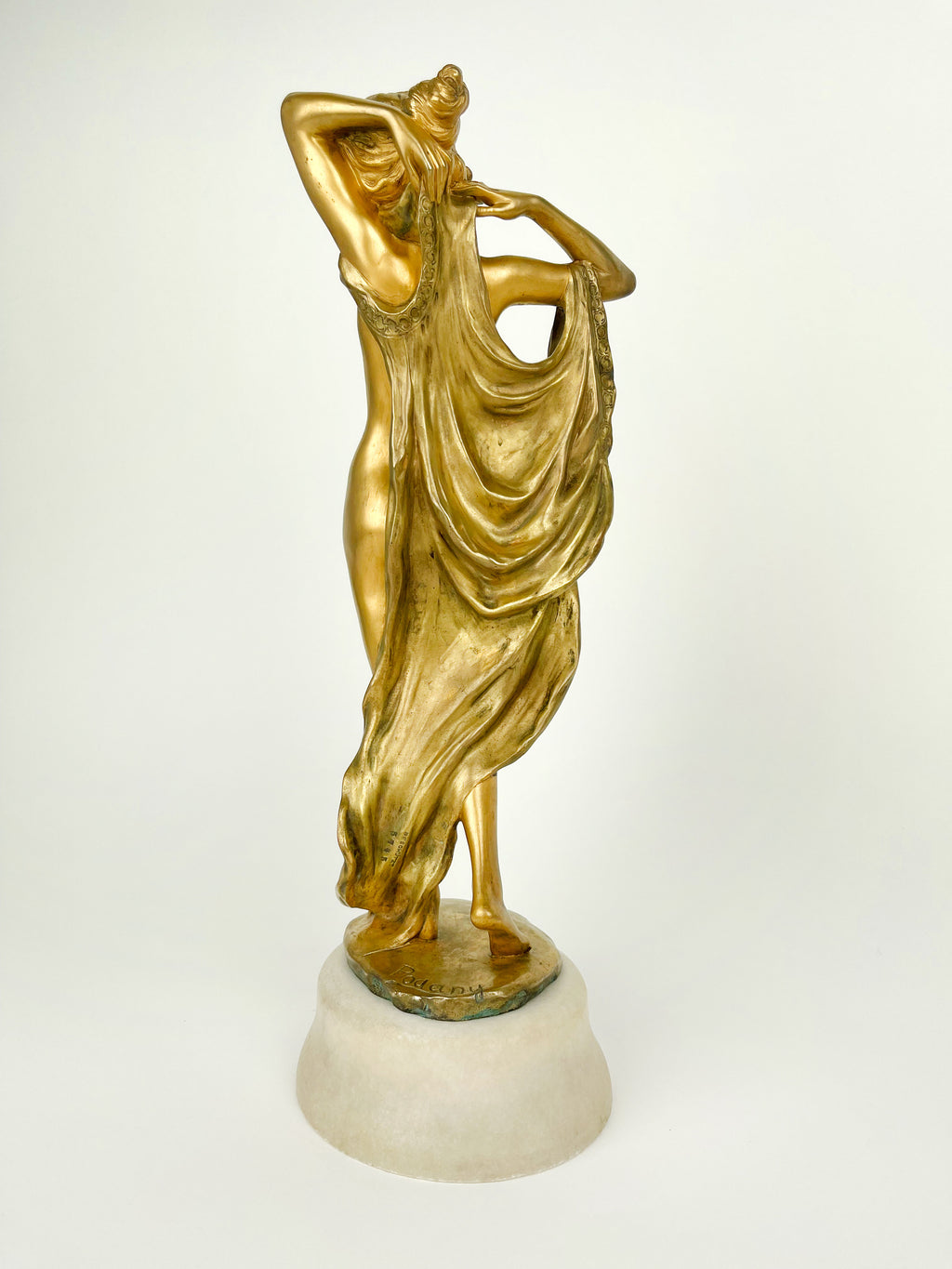 Pair of Gilt Bronze & Marble Semi Nude Sculptures by Rudolf Podany, France, 1910