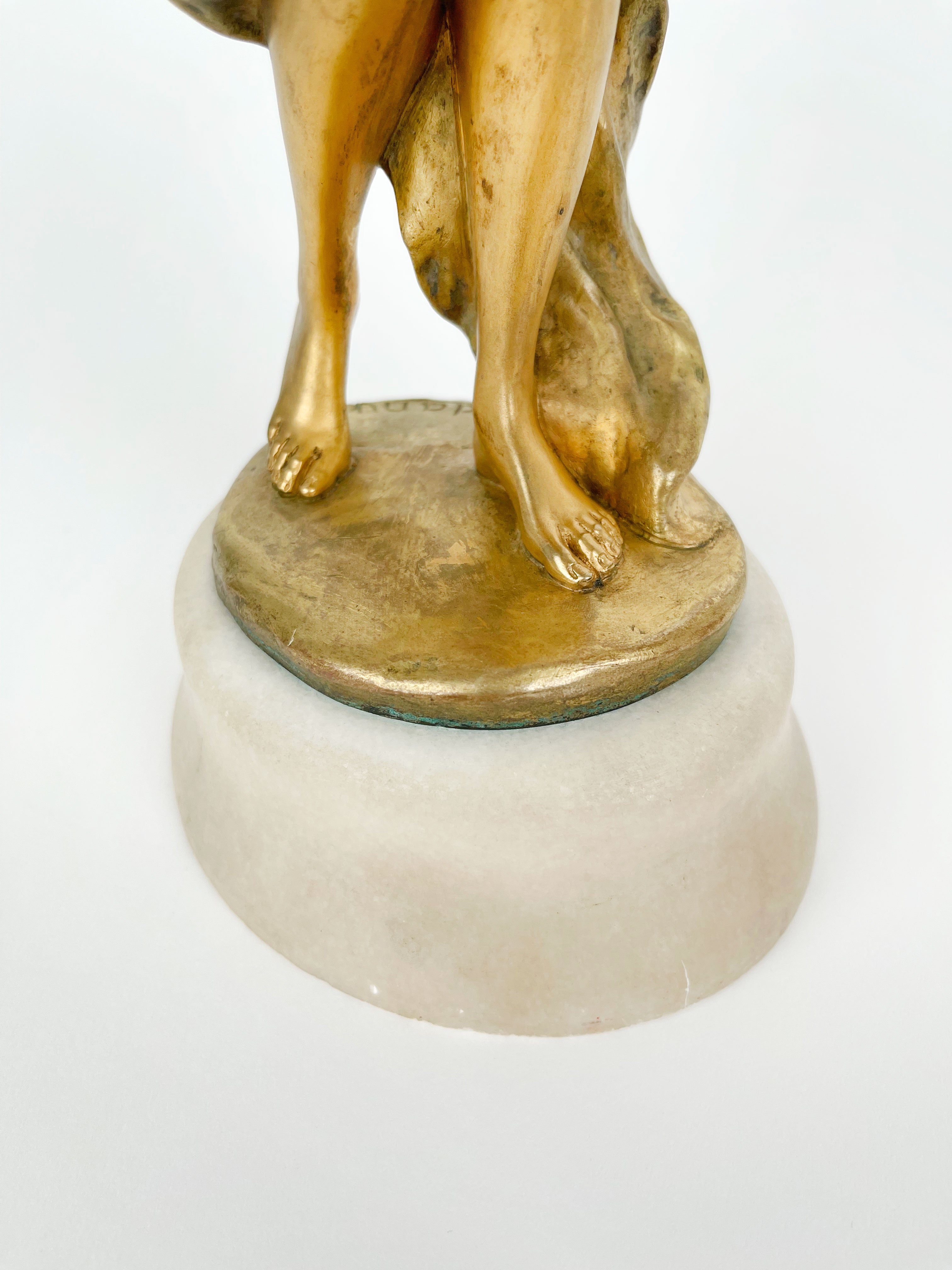 Pair of Gilt Bronze & Marble Semi Nude Sculptures by Rudolf Podany, France, 1910