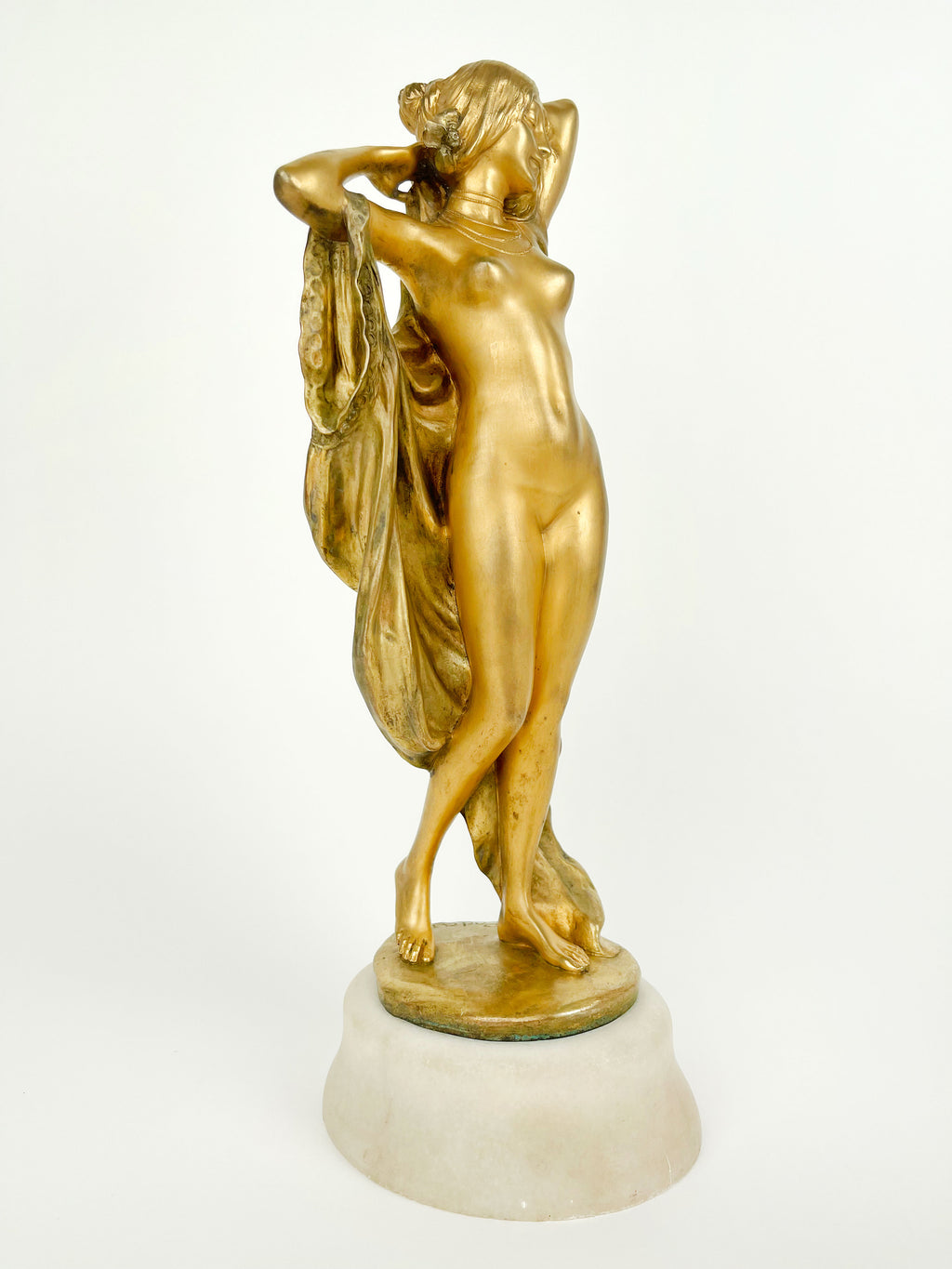 Pair of Gilt Bronze & Marble Semi Nude Sculptures by Rudolf Podany, France, 1910
