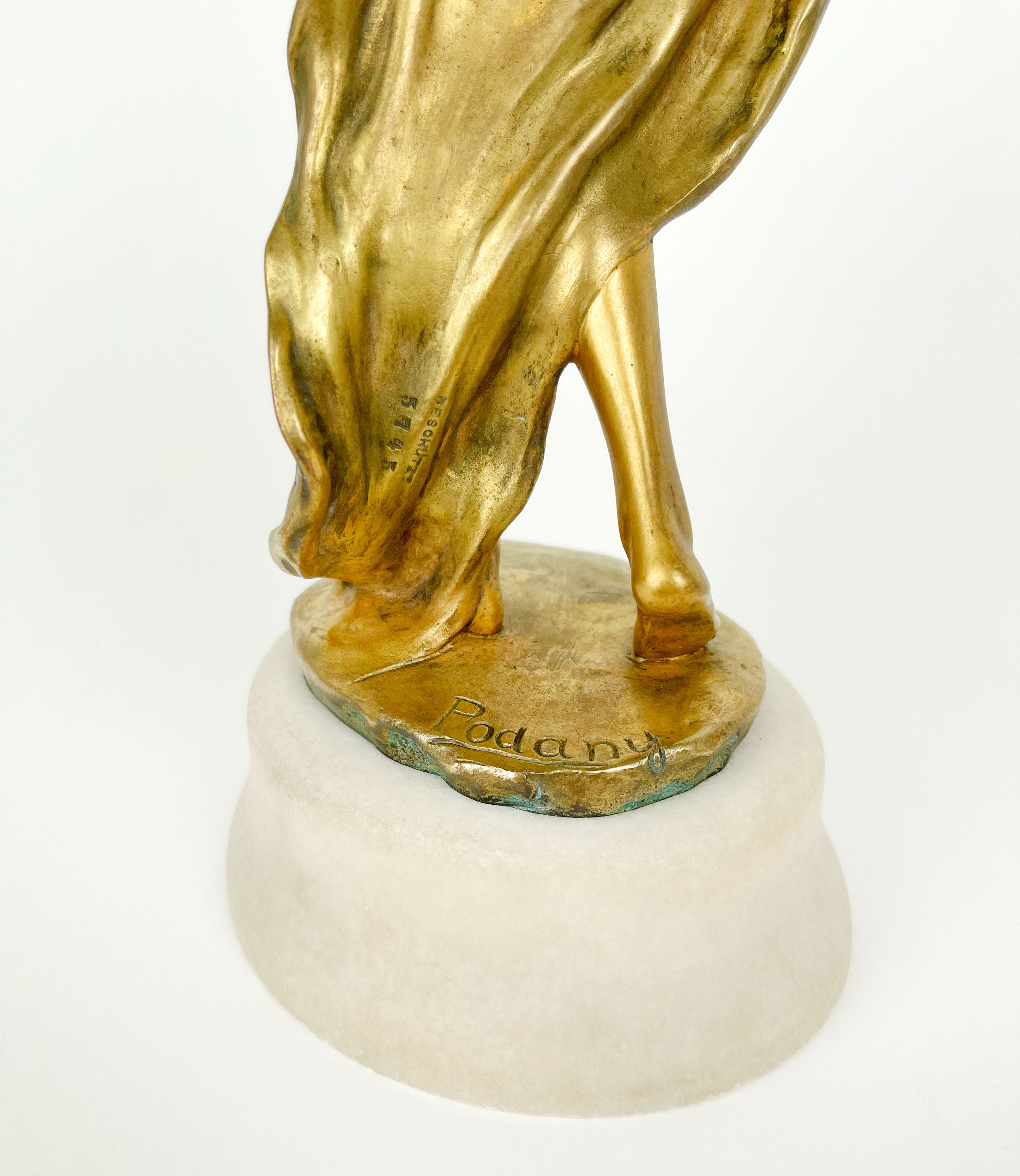 Pair of Gilt Bronze & Marble Semi Nude Sculptures by Rudolf Podany, France, 1910