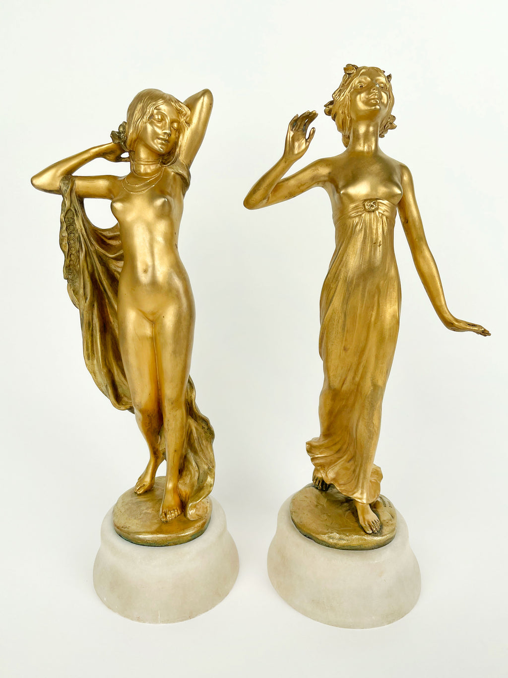 Pair of Gilt Bronze & Marble Semi Nude Sculptures by Rudolf Podany, France, 1910