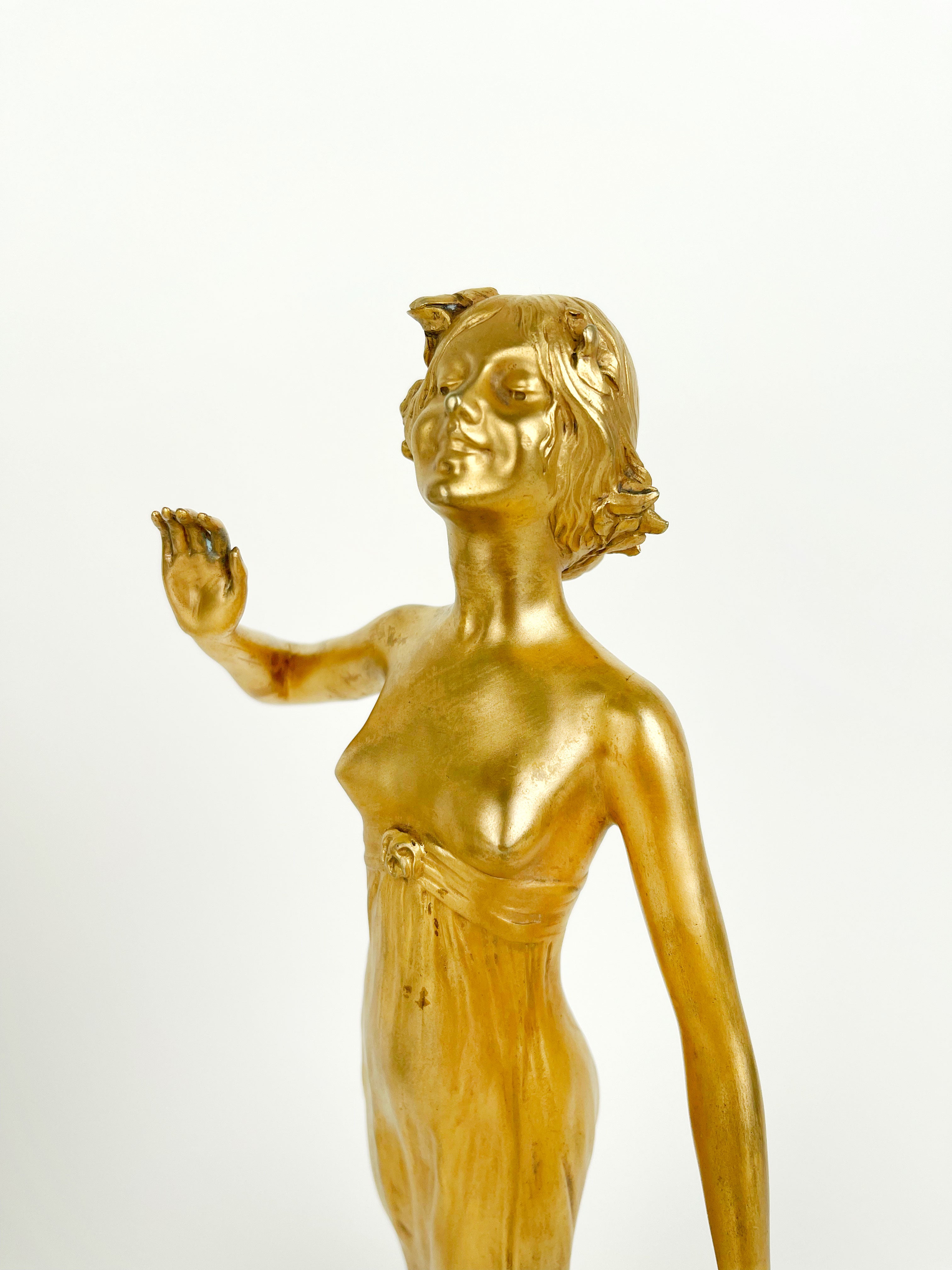 Pair of Gilt Bronze & Marble Semi Nude Sculptures by Rudolf Podany, France, 1910