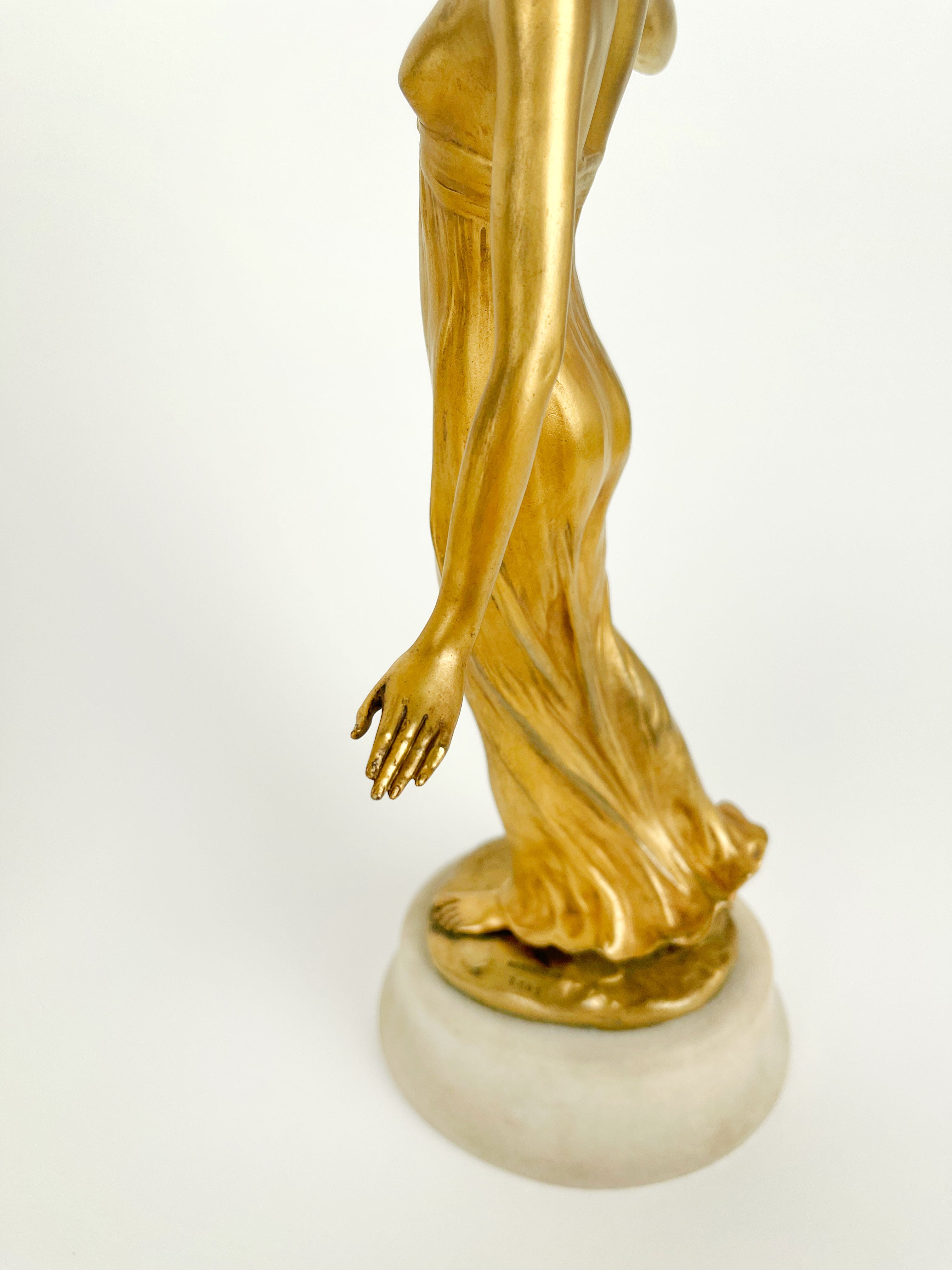 Pair of Gilt Bronze & Marble Semi Nude Sculptures by Rudolf Podany, France, 1910
