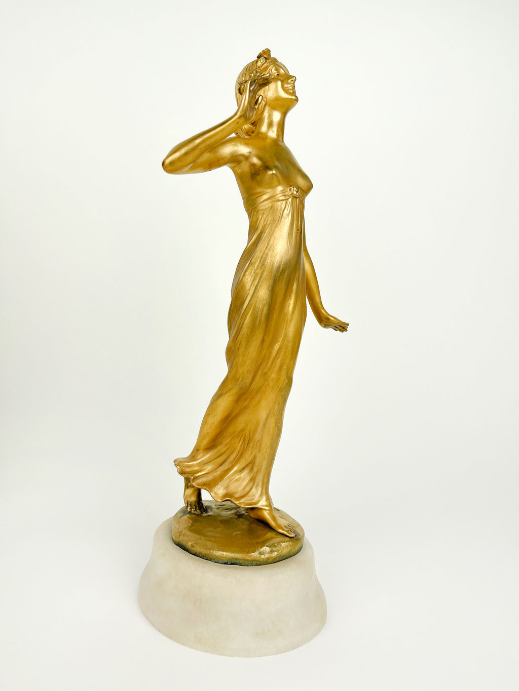 Pair of Gilt Bronze & Marble Semi Nude Sculptures by Rudolf Podany, France, 1910
