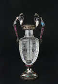 A Carved Rock Crystal, Enameled Silver Gem Set Miniature Vase, Austria, 1880