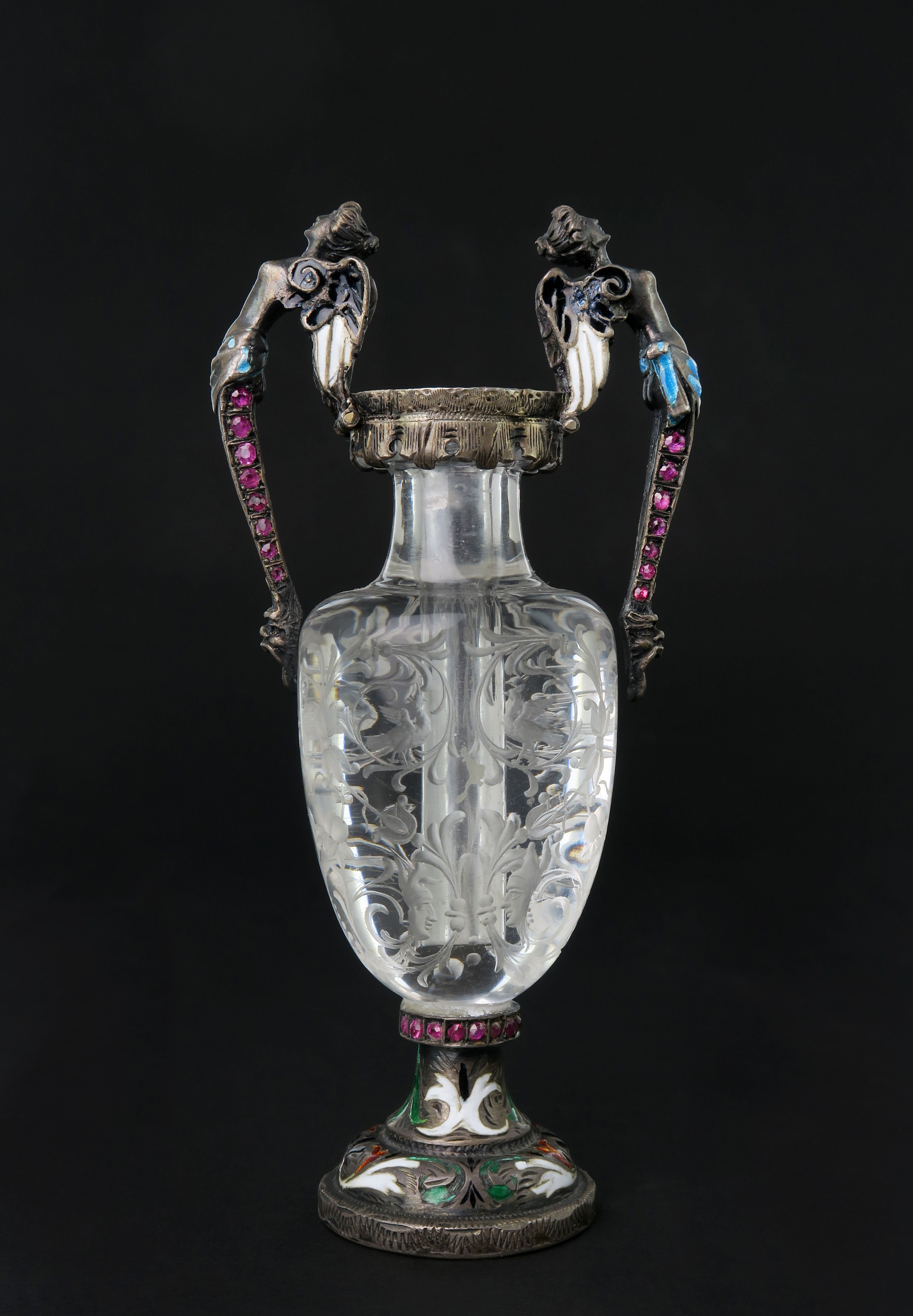 A Carved Rock Crystal, Enameled Silver Gem Set Miniature Vase, Austria, 1880