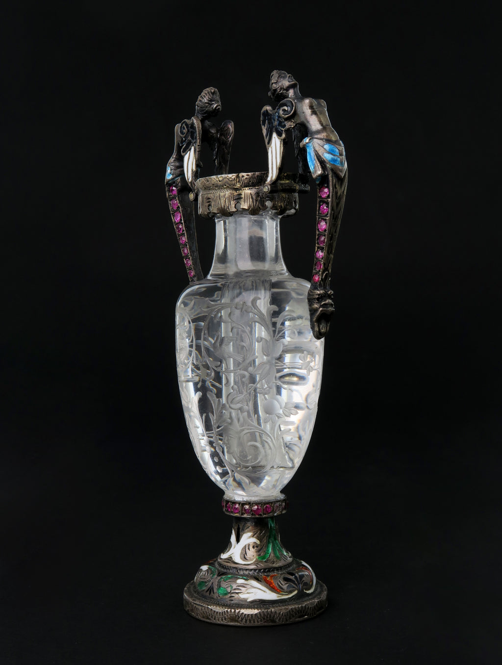 A Carved Rock Crystal, Enameled Silver Gem Set Miniature Vase, Austria, 1880