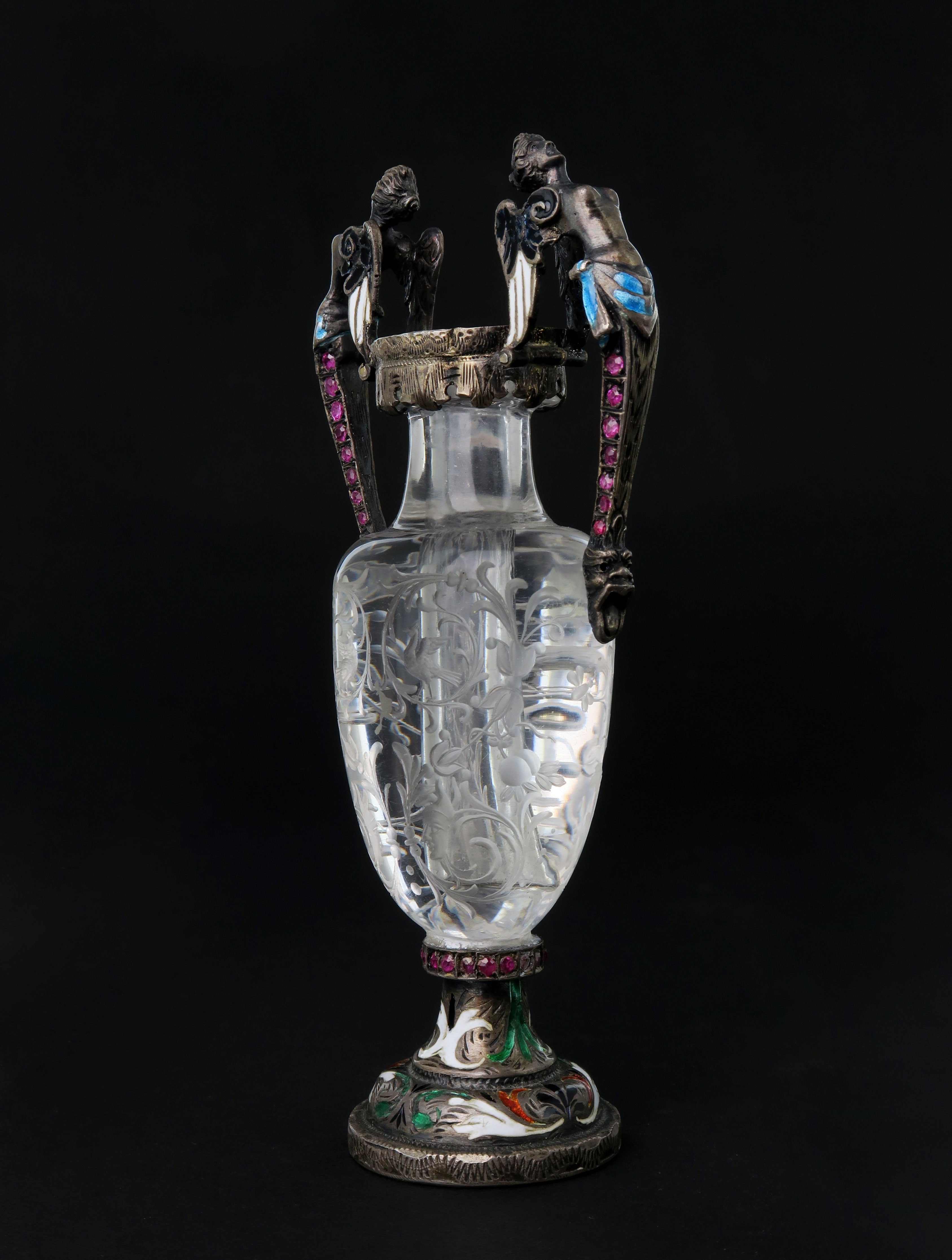 A Carved Rock Crystal, Enameled Silver Gem Set Miniature Vase, Austria, 1880
