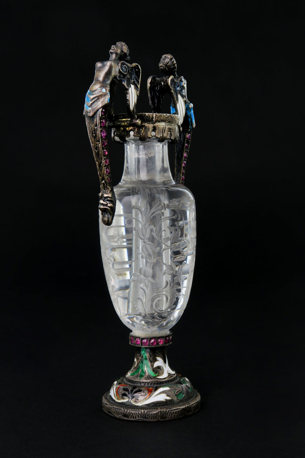A Carved Rock Crystal, Enameled Silver Gem Set Miniature Vase, Austria, 1880