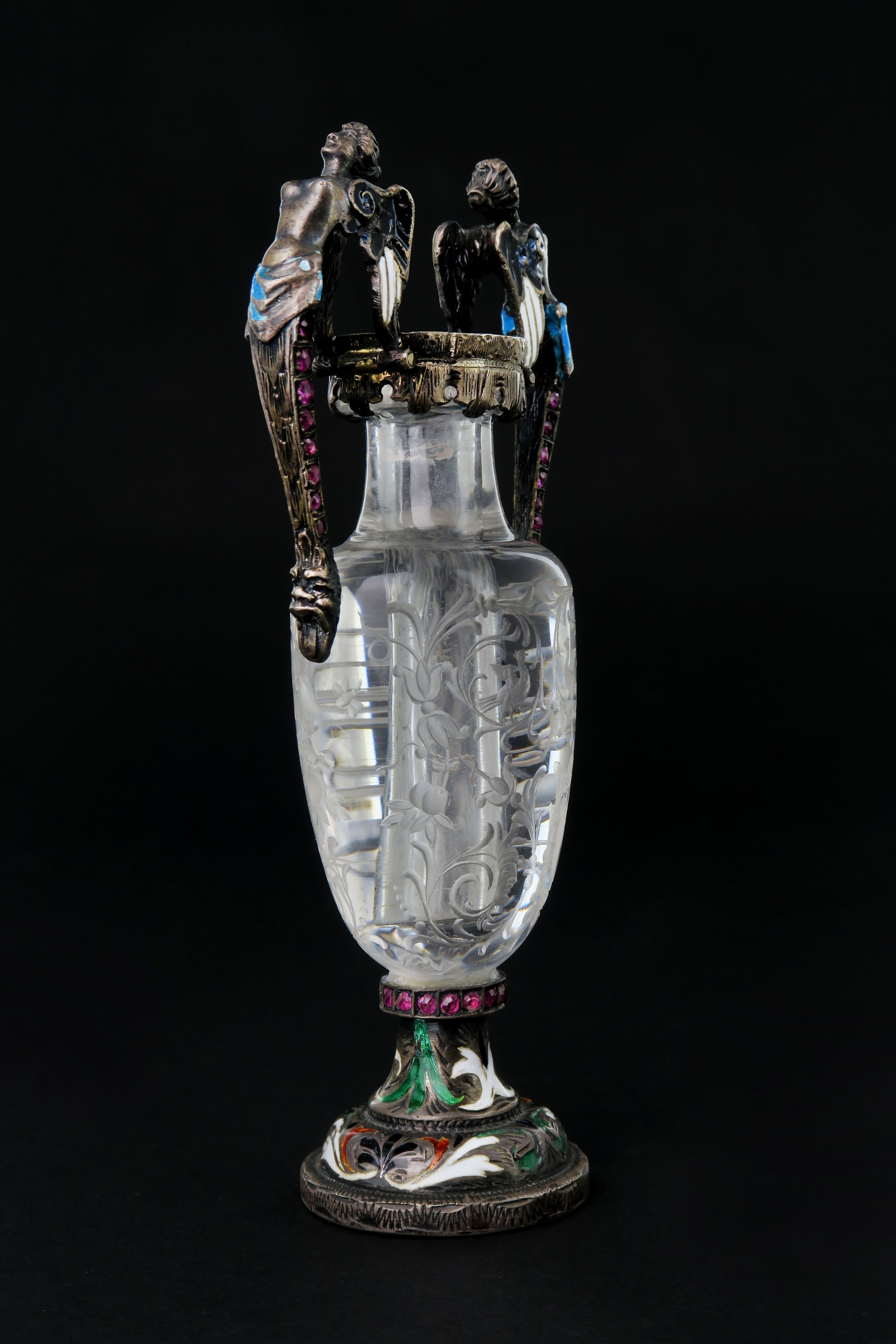 A Carved Rock Crystal, Enameled Silver Gem Set Miniature Vase, Austria, 1880