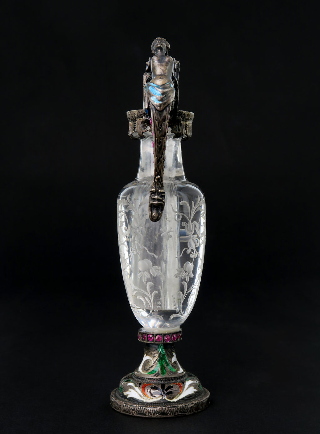 A Carved Rock Crystal, Enameled Silver Gem Set Miniature Vase, Austria, 1880