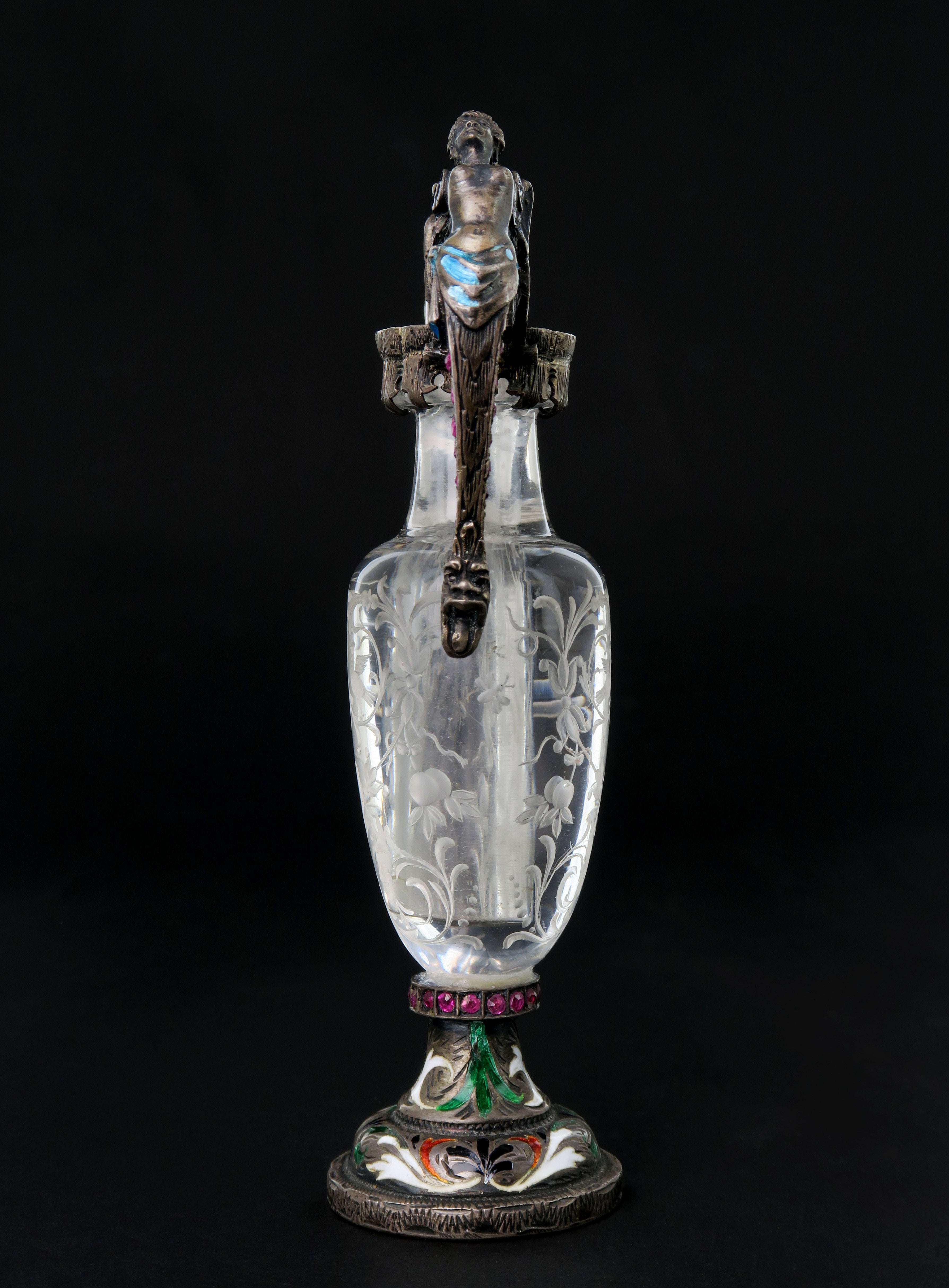 A Carved Rock Crystal, Enameled Silver Gem Set Miniature Vase, Austria, 1880