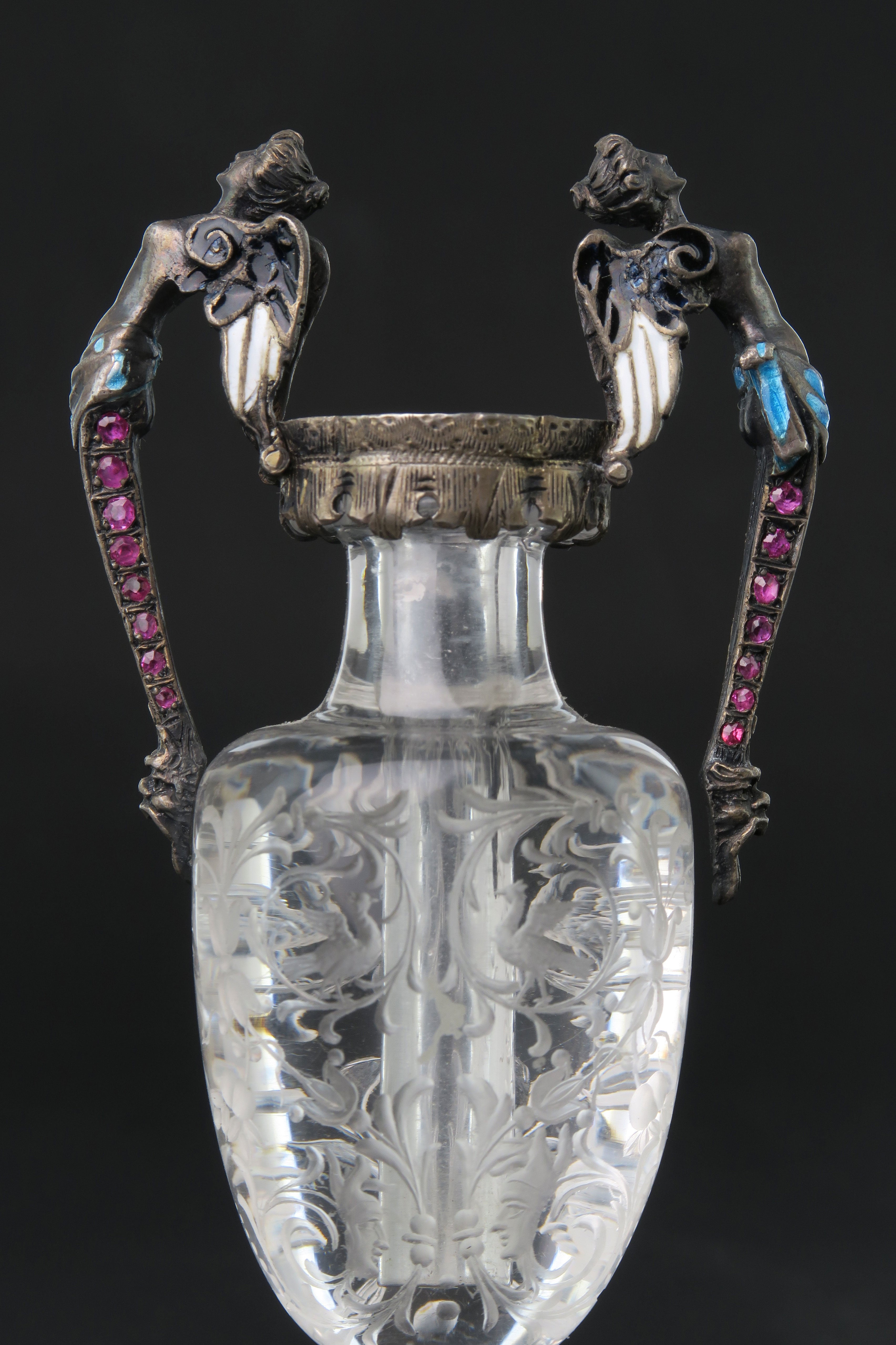 A Carved Rock Crystal, Enameled Silver Gem Set Miniature Vase, Austria, 1880