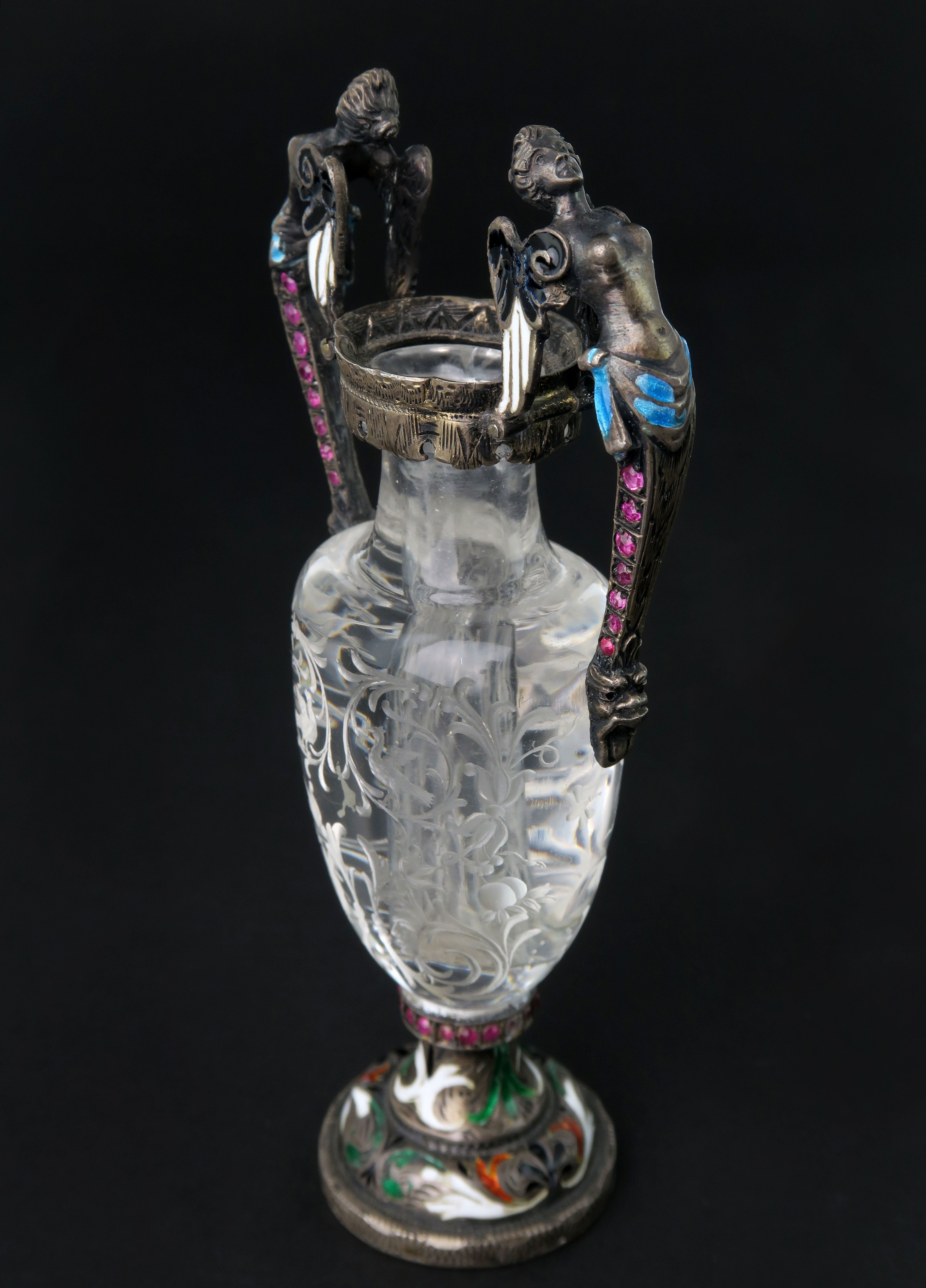 A Carved Rock Crystal, Enameled Silver Gem Set Miniature Vase, Austria, 1880