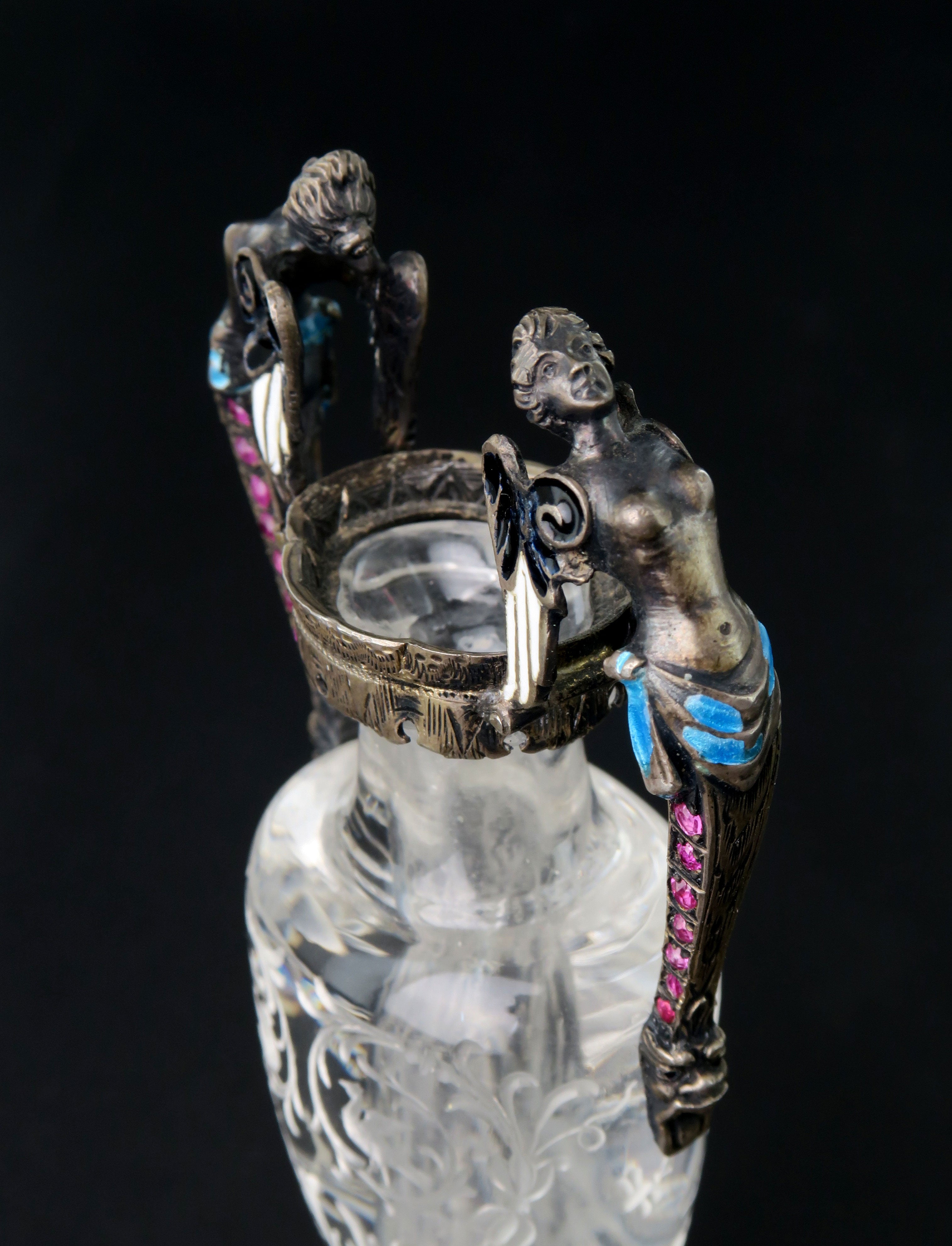 A Carved Rock Crystal, Enameled Silver Gem Set Miniature Vase, Austria, 1880