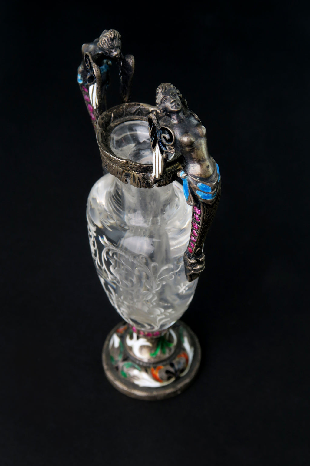A Carved Rock Crystal, Enameled Silver Gem Set Miniature Vase, Austria, 1880