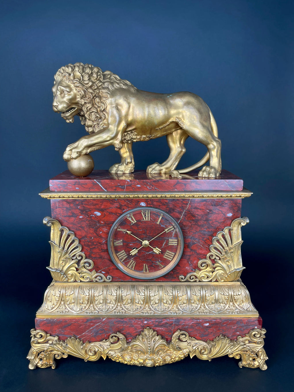 A Large Size Gilt Bronze & Rouge Marble Clock, France, 19th Century