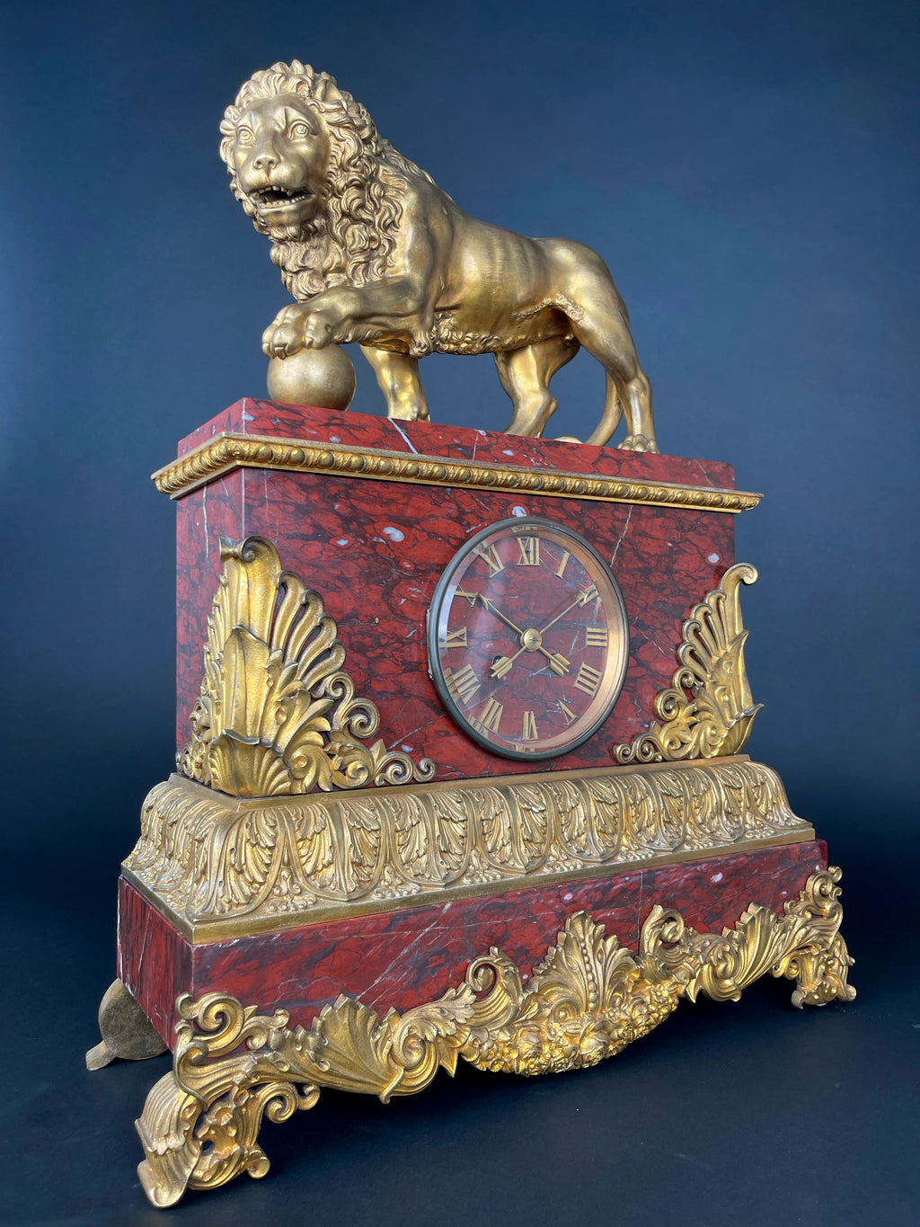 A Large Size Gilt Bronze & Rouge Marble Clock, France, 19th Century