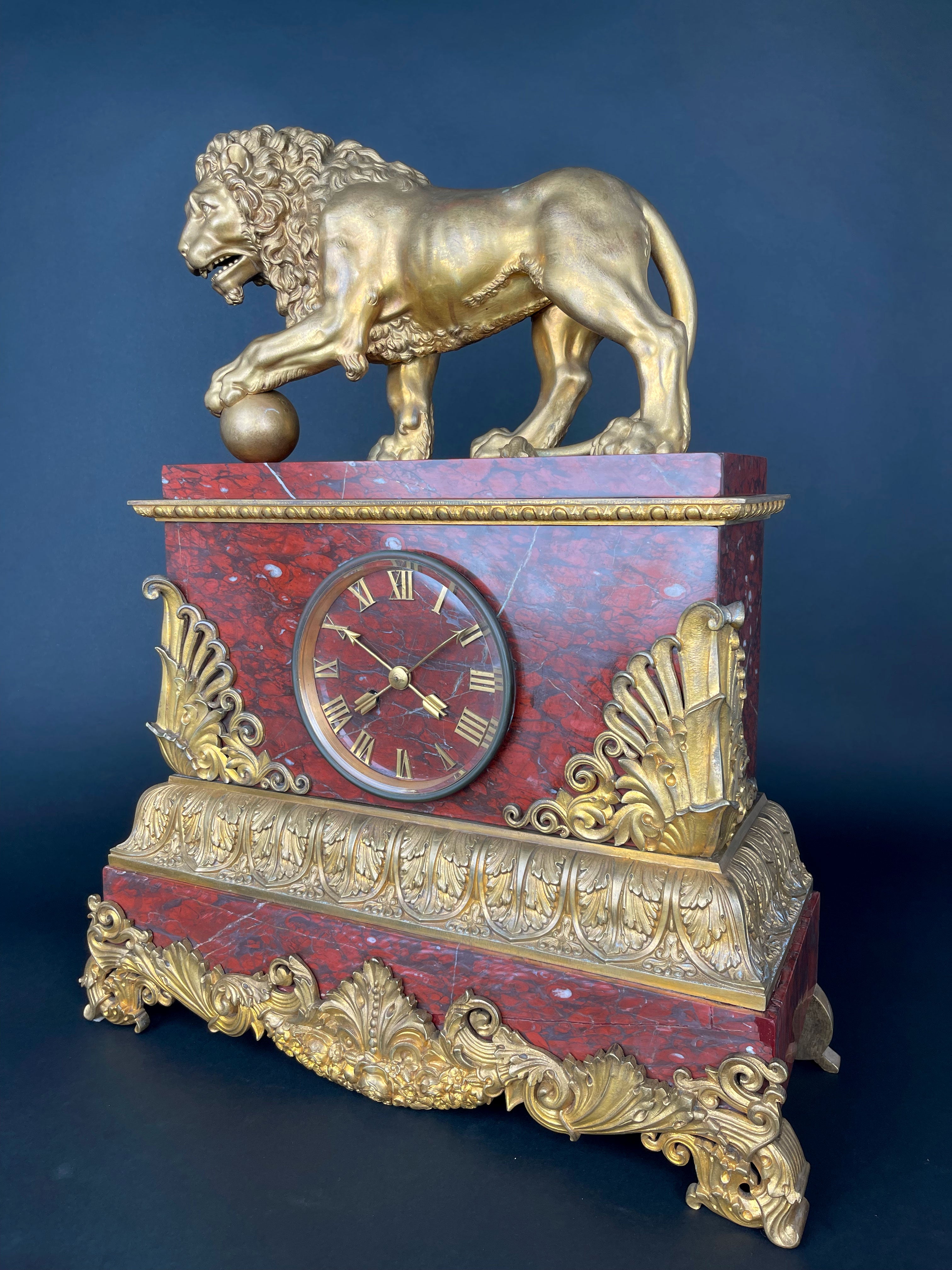 A Large Size Gilt Bronze & Rouge Marble Clock, France, 19th Century
