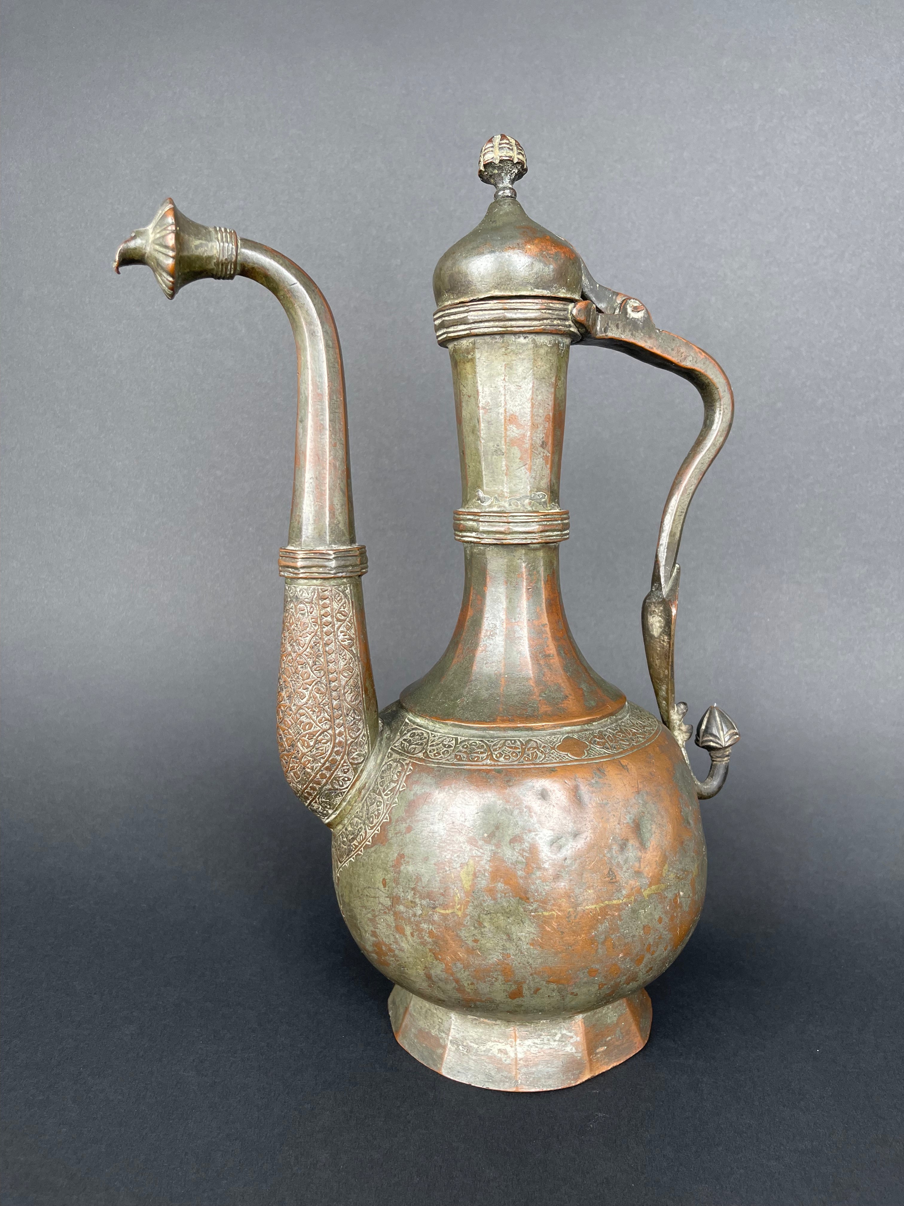 Qajar Dynasty Tinned Copper Hand Hammered Chiseled Ewer,  19th Century