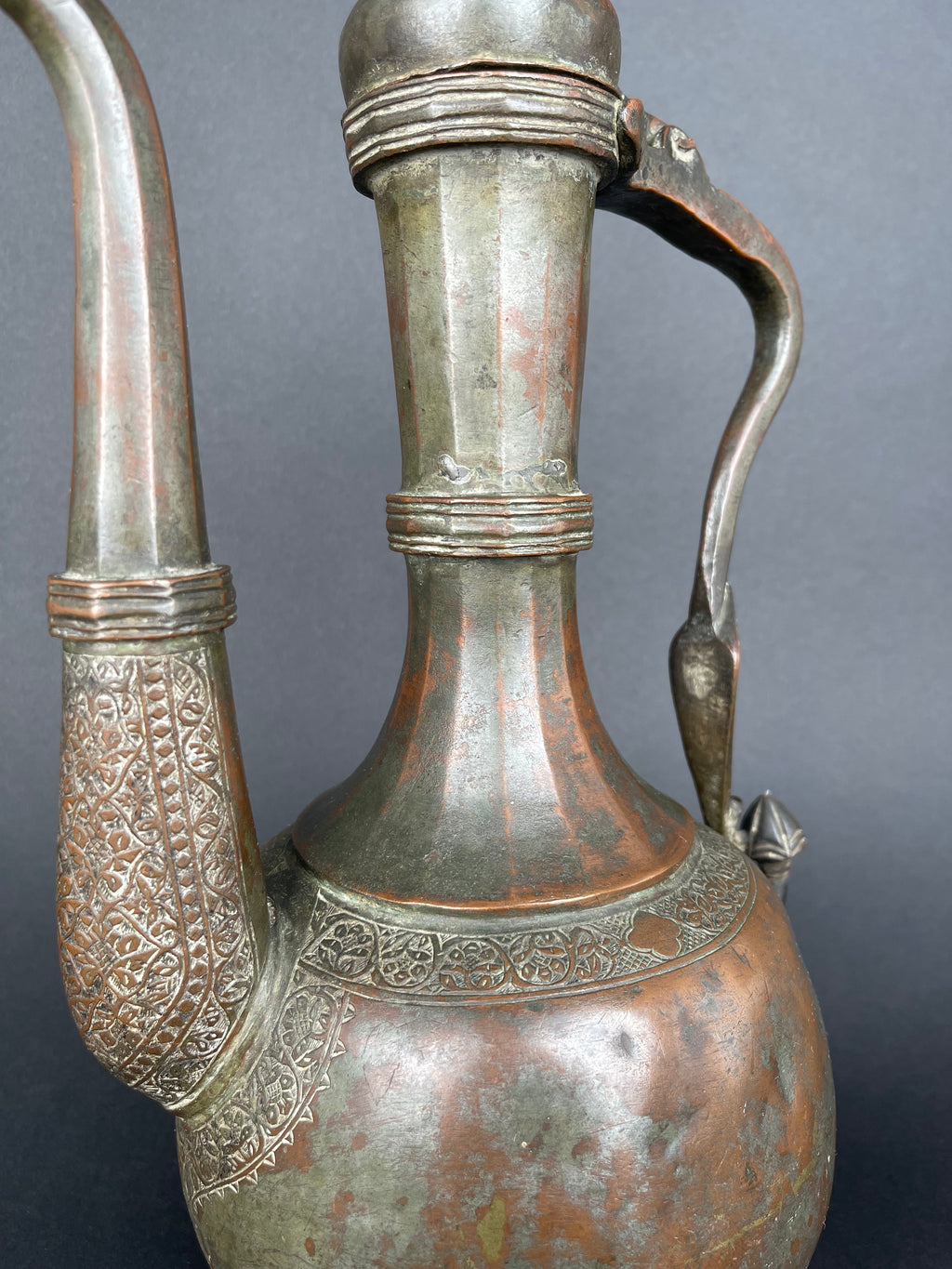 Qajar Dynasty Tinned Copper Hand Hammered Chiseled Ewer,  19th Century
