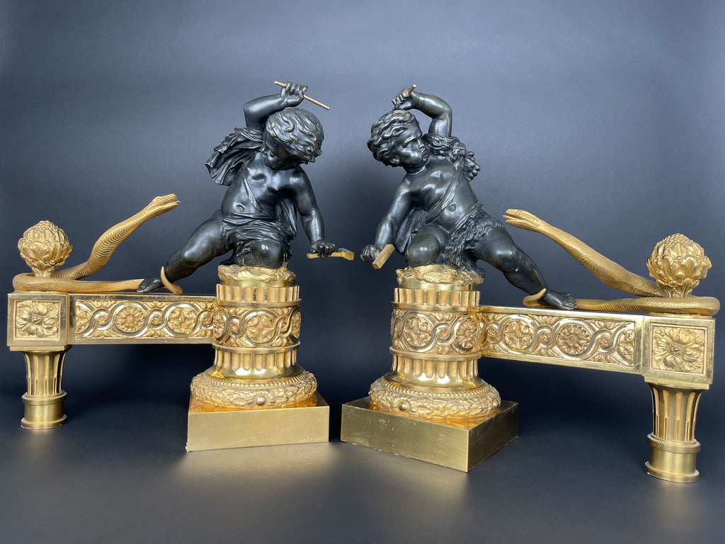 A Large Pair Of Ormolu & Patinated Bronze Chenets By Henry Dasson