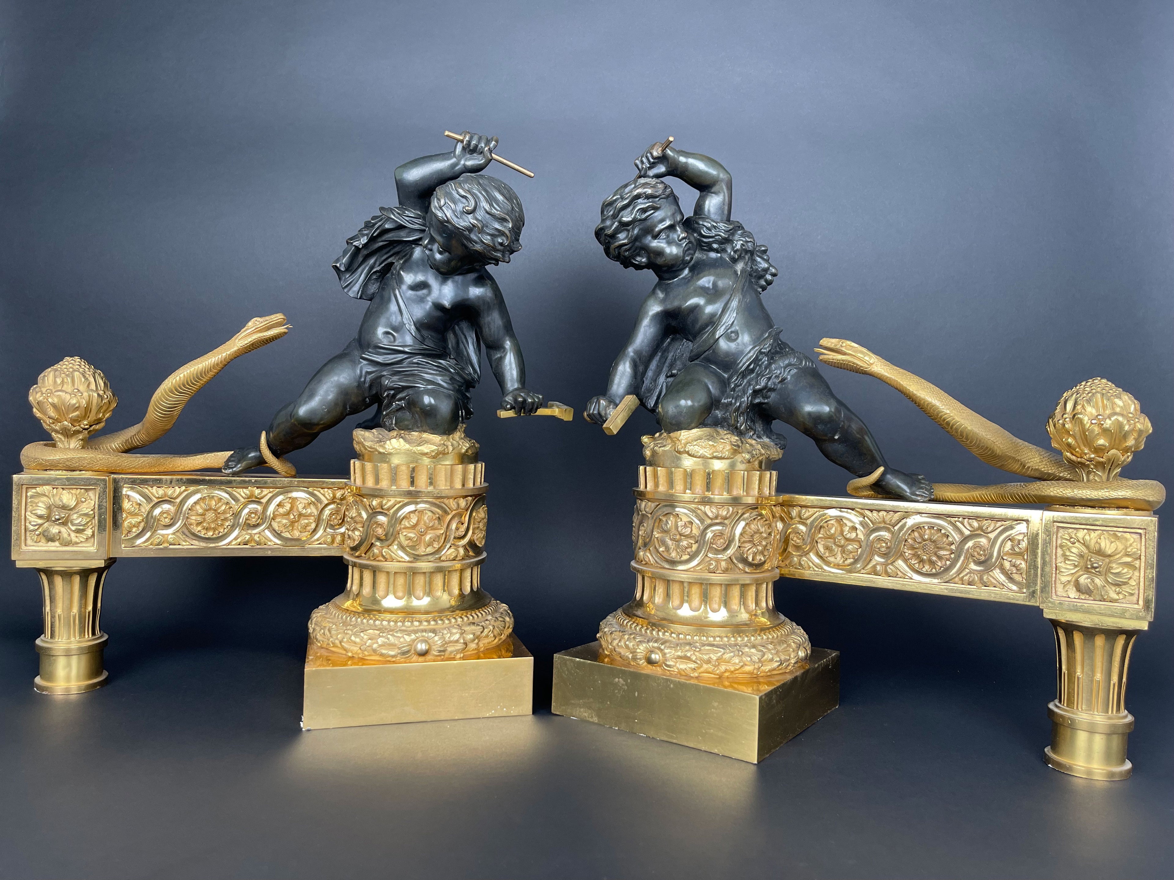 A Large Pair Of Ormolu & Patinated Bronze Chenets By Henry Dasson